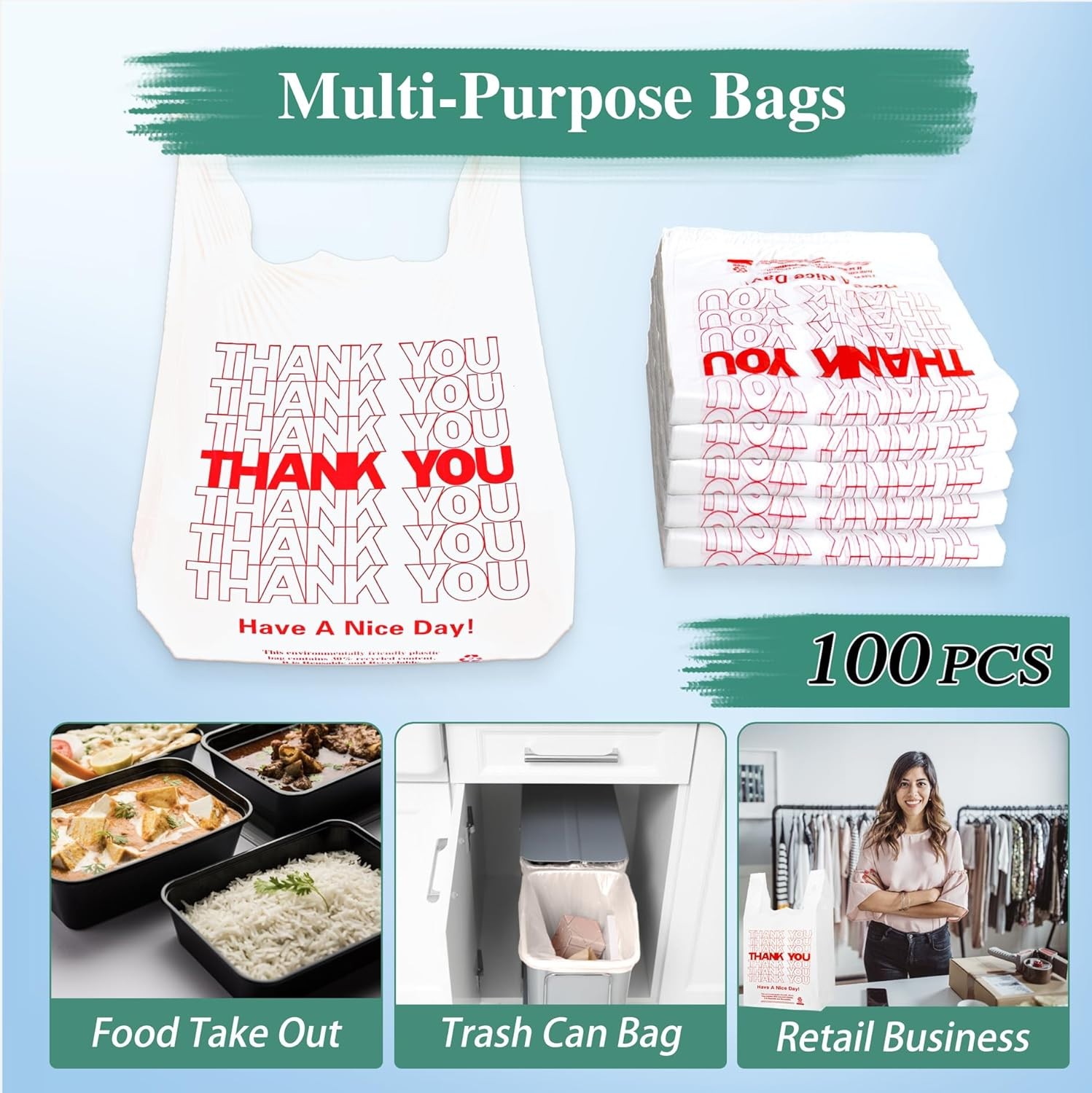 White Thank You T-Shirt Grocery Bags, Reusable/Disposable