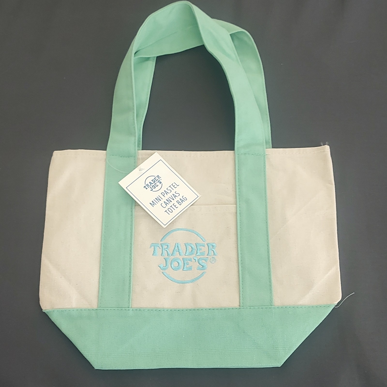 Trader Joe’s Beige Green Mini Canvas Tote Bag Foldable 13x11x6 in Solid