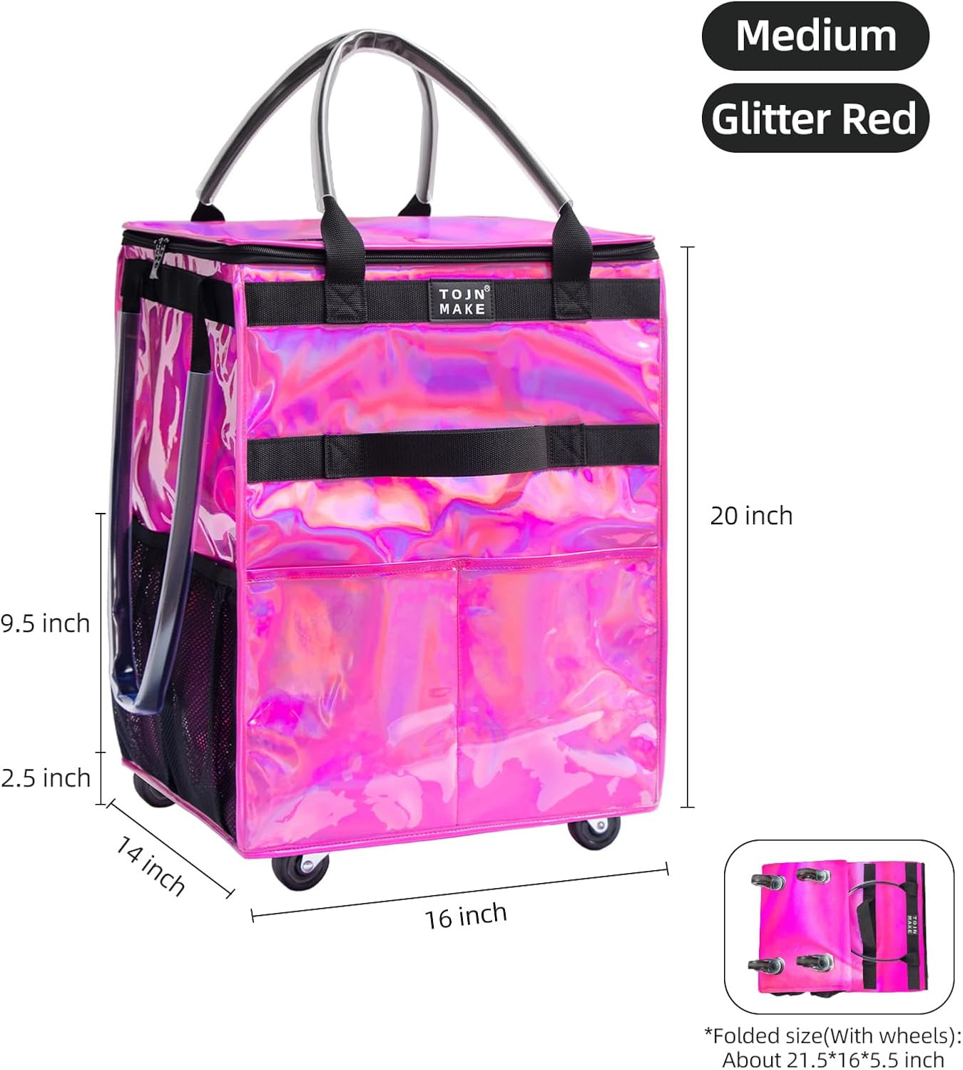 Glitter Red Heavy Duty Reusable Grocery Bag on Wheels with 8 Pockets