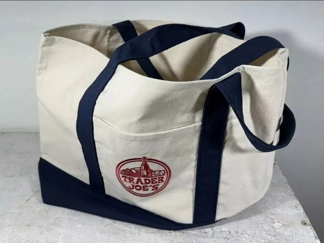 Trader Joe’s LARGE Reusable Heavy Canvas Shopping Bag, Off White & Navy Blue