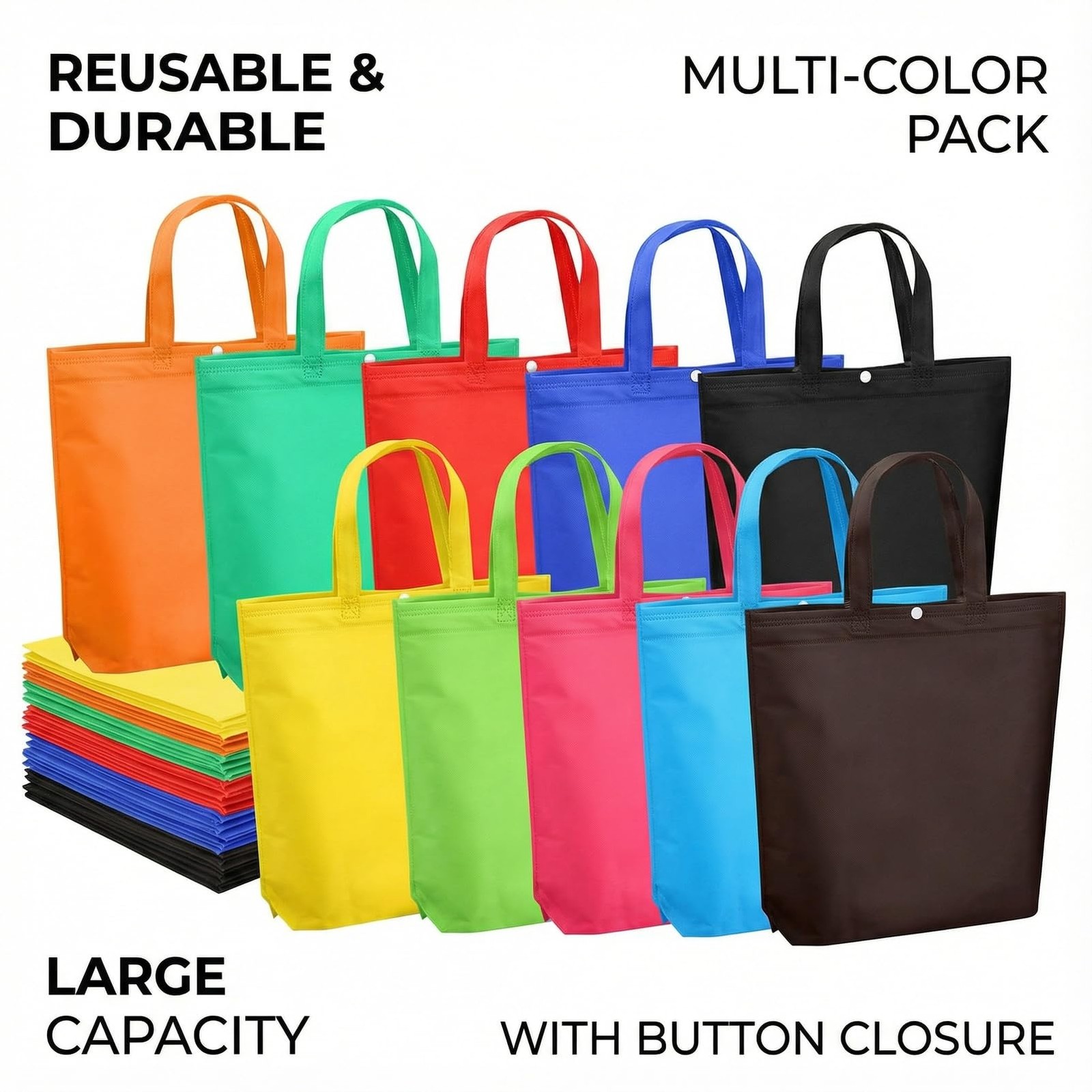 50 PCS Foldable Reusable Grocery Shopping Tote Bags Snap Closure Assorted Colors