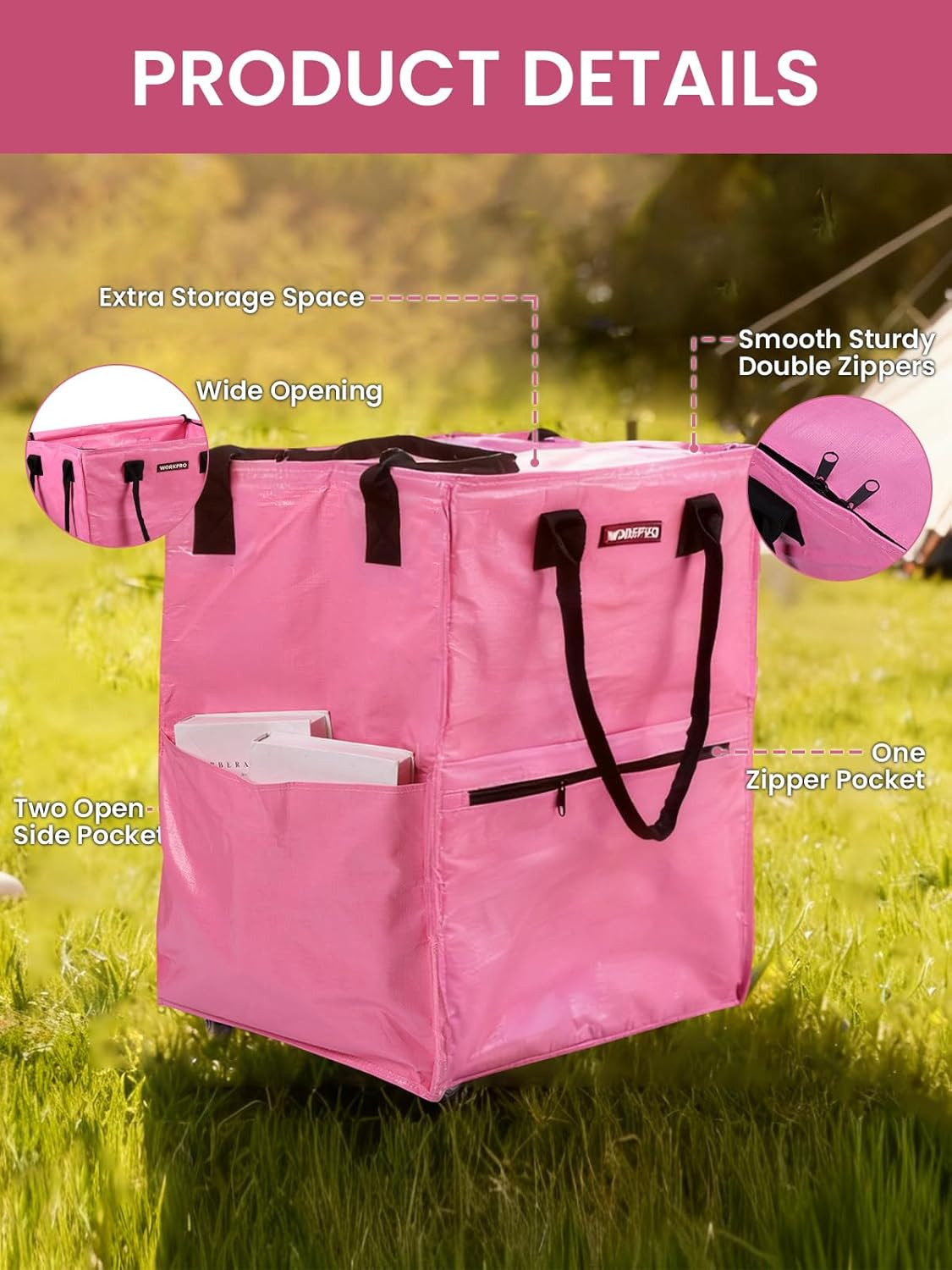 Large Rolling Grocery Bag, 36-Gallon Tote with 5 Wheels, 110 Lbs Capacity, Dual