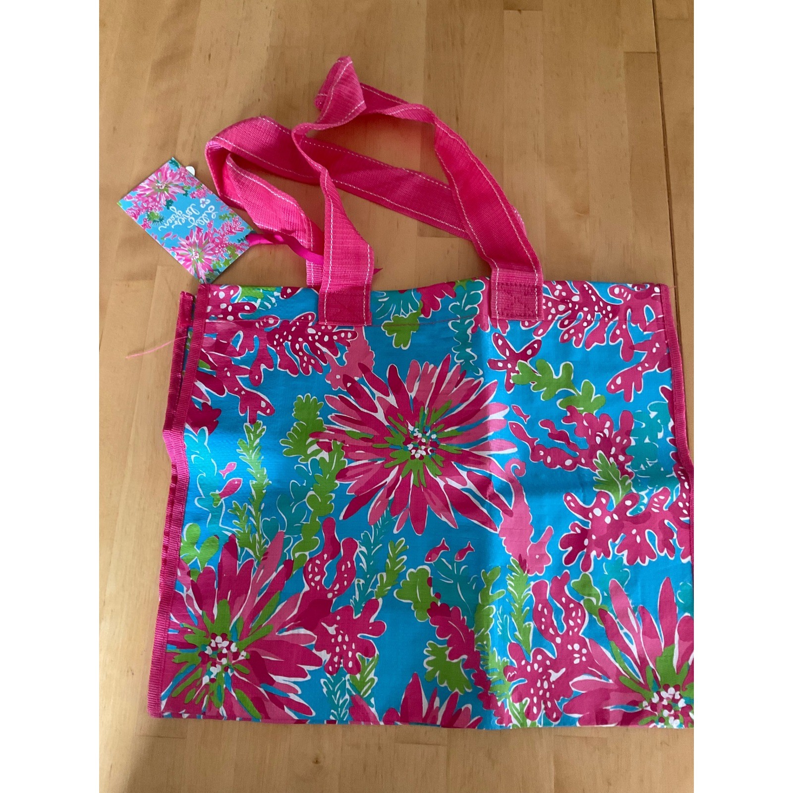 Lilly Pulitzer Sea Soiree Market Bag Reusable Shopping Tote Pink Blue Seahorse