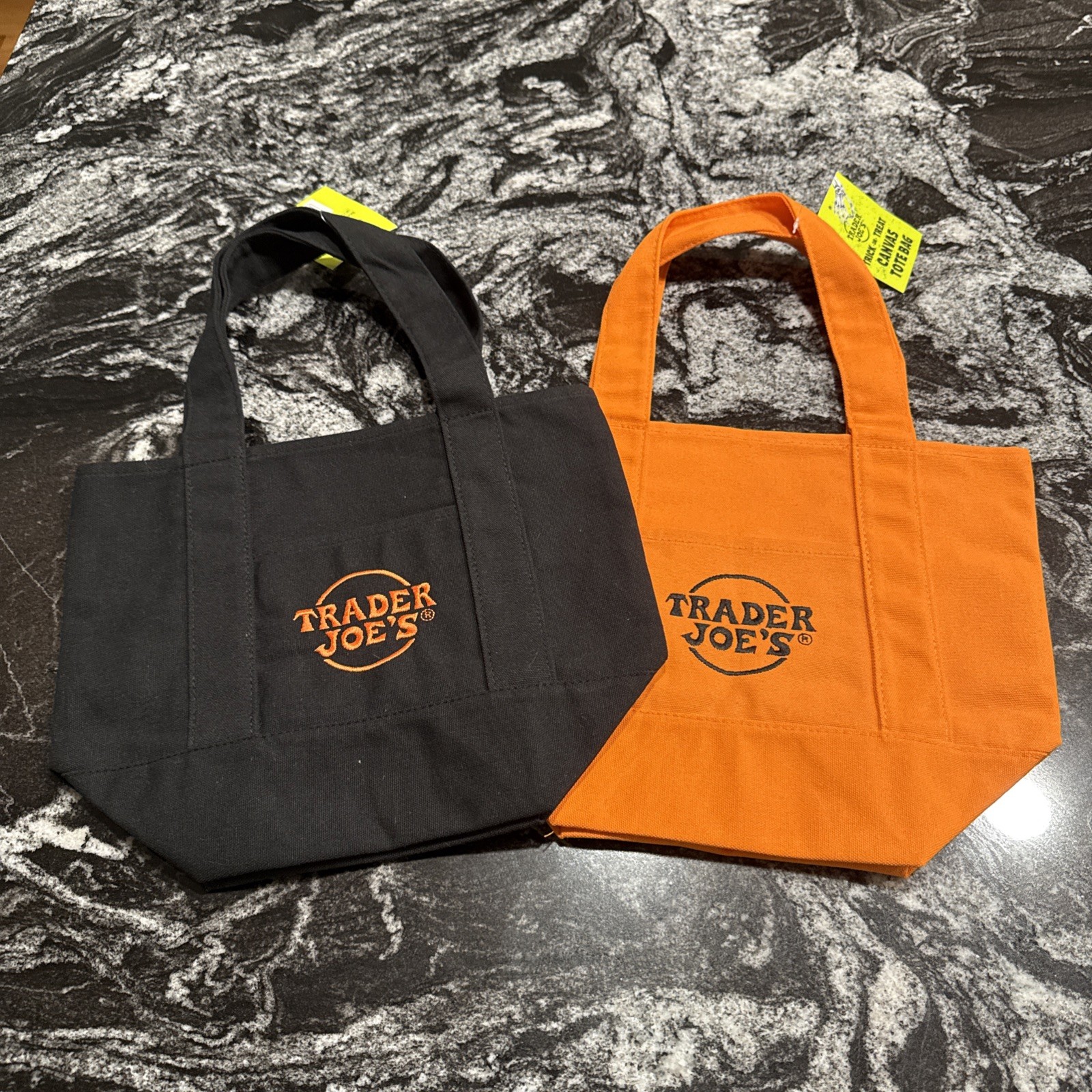 Trader Joes Set of Two Mini Canvas Tote Bags NWT Halloween ORANGE & BLACK