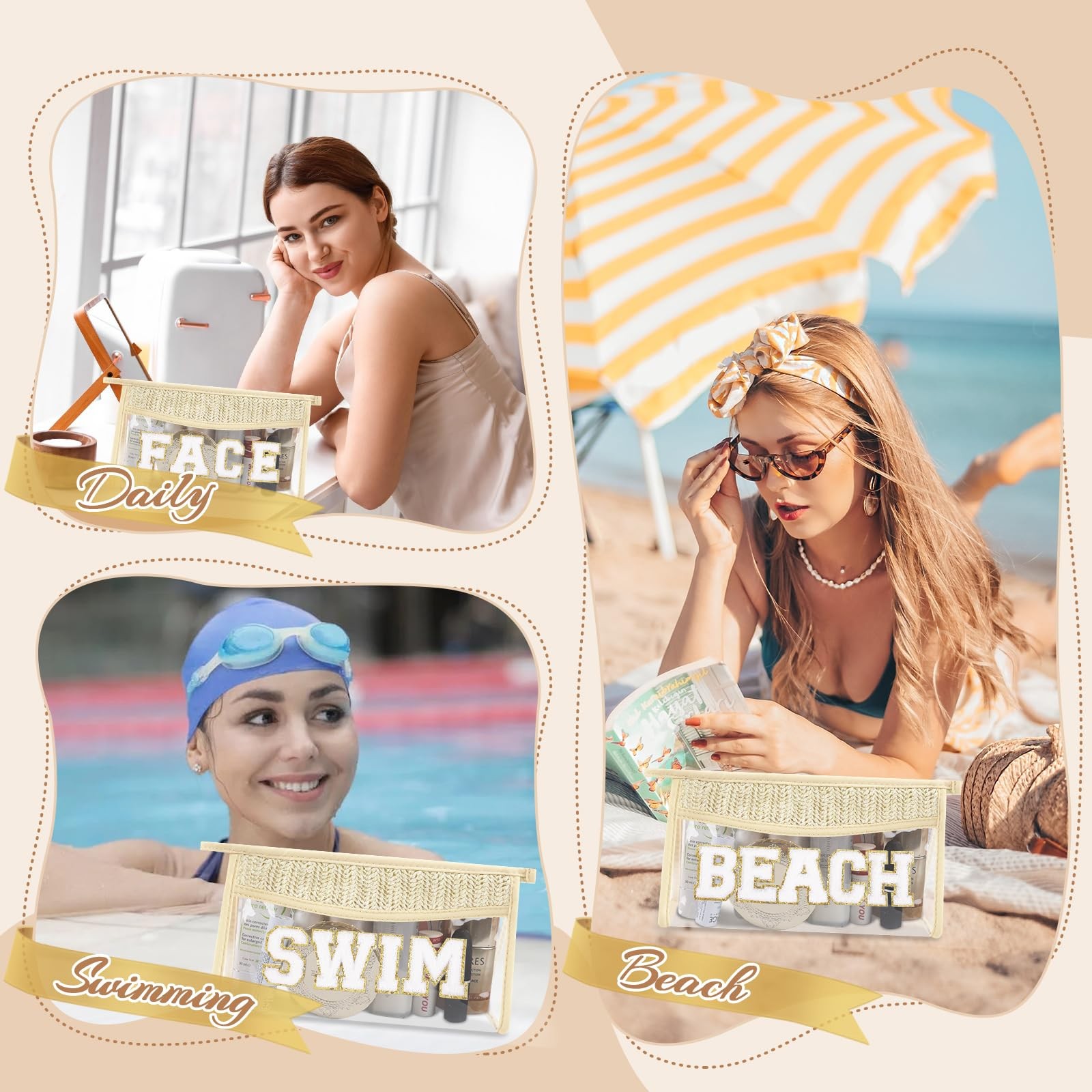 Small Boho Straw Clear Beach Makeup Bags for Women&Girls, Zipper Beige
