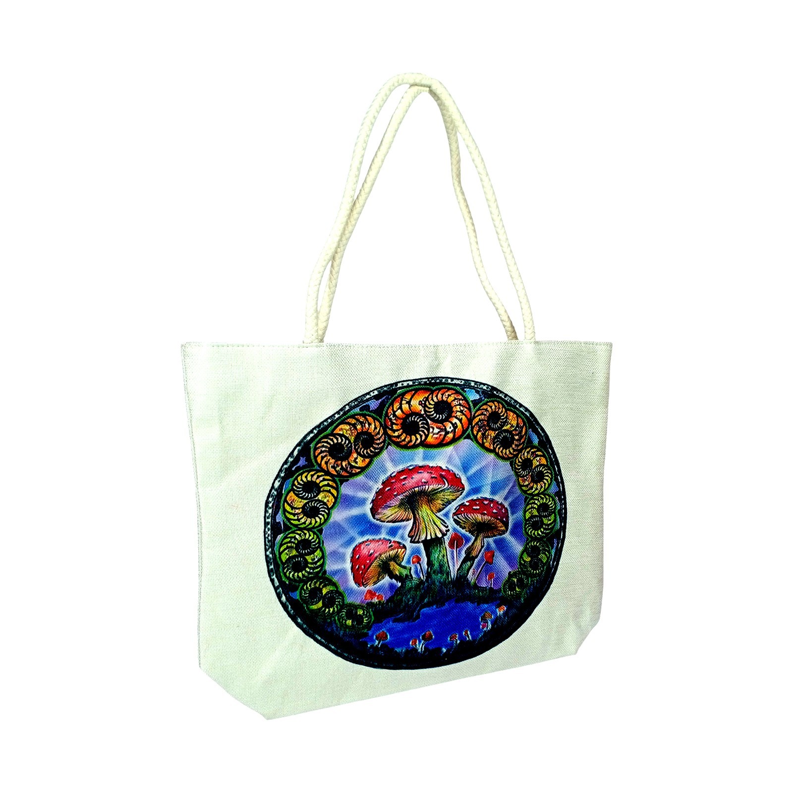 DuBois Mushrooms Jute Rope Handled Tote Bag Design – 16″ x 15″ x 5″