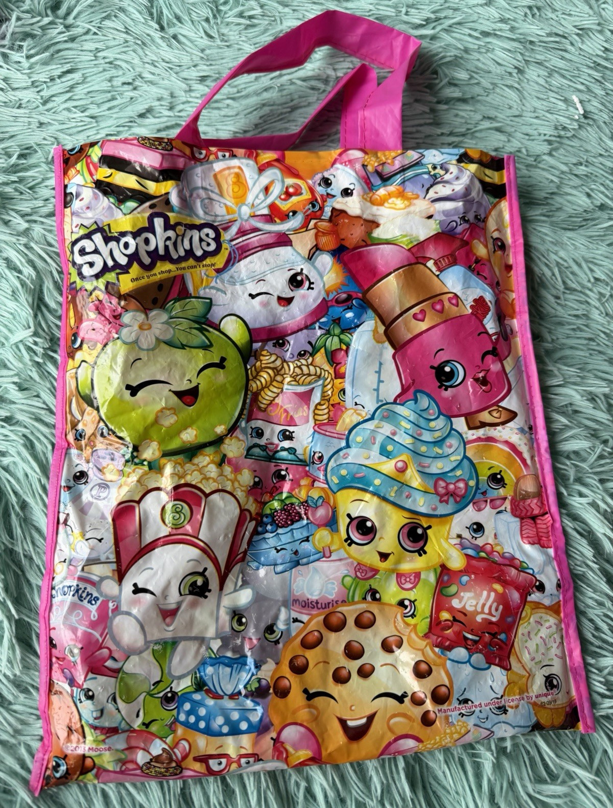 Shopkins Reusable Shopping Tote Bag Multicolor All-Over, Pink Handles 10×12