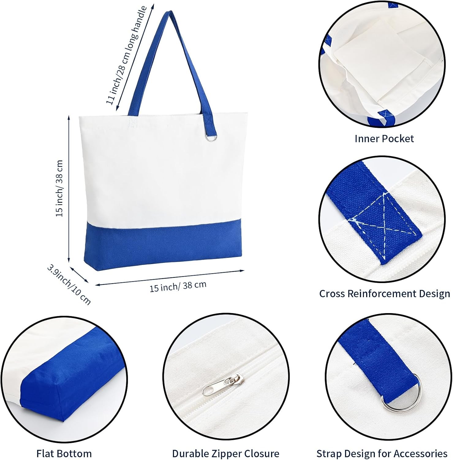 1 Pack Canvas Tote Bag with Zipper, Blank Reusable Grocery Bags, Widened Washabl