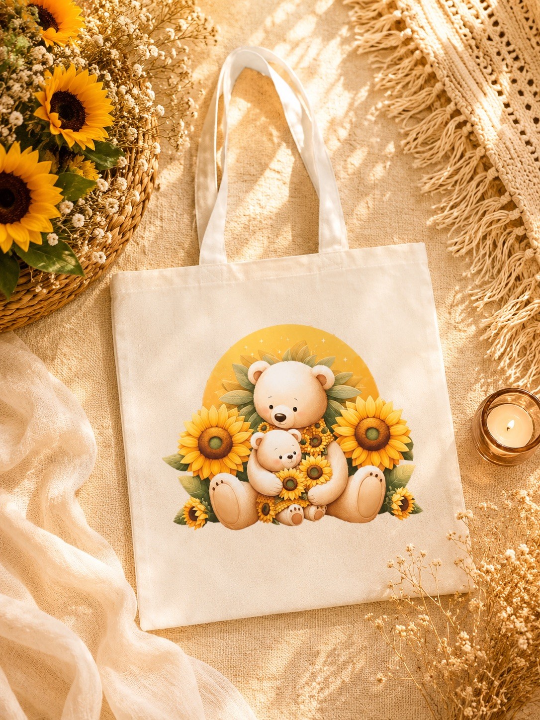 Cute Sunflower Bear Tote Bag | 100% Cotton Canvas Bag