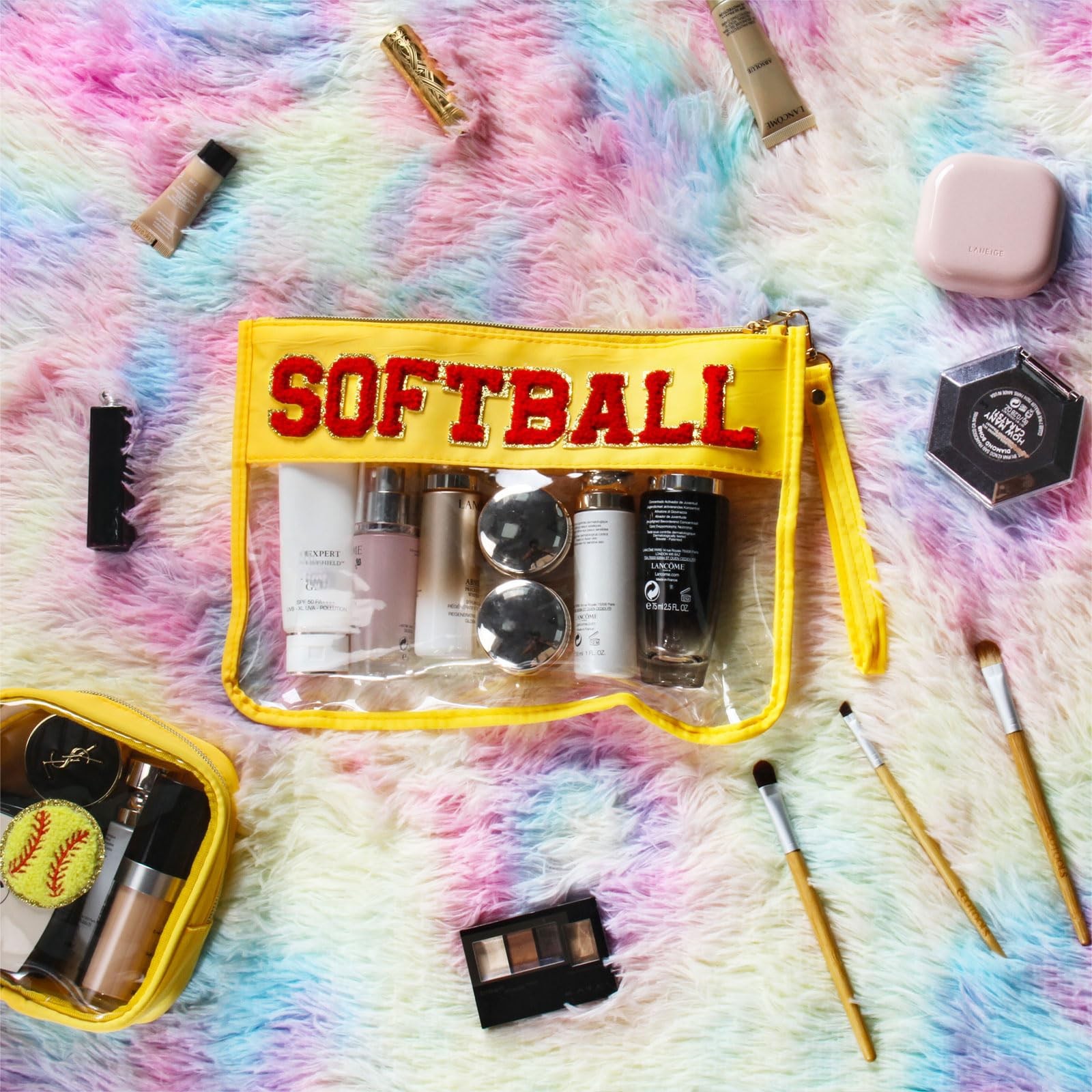 BuyCard 2 Pcs Softball Gifts Makeup Bag with Chenille Letter SOFTBALL-Yellow