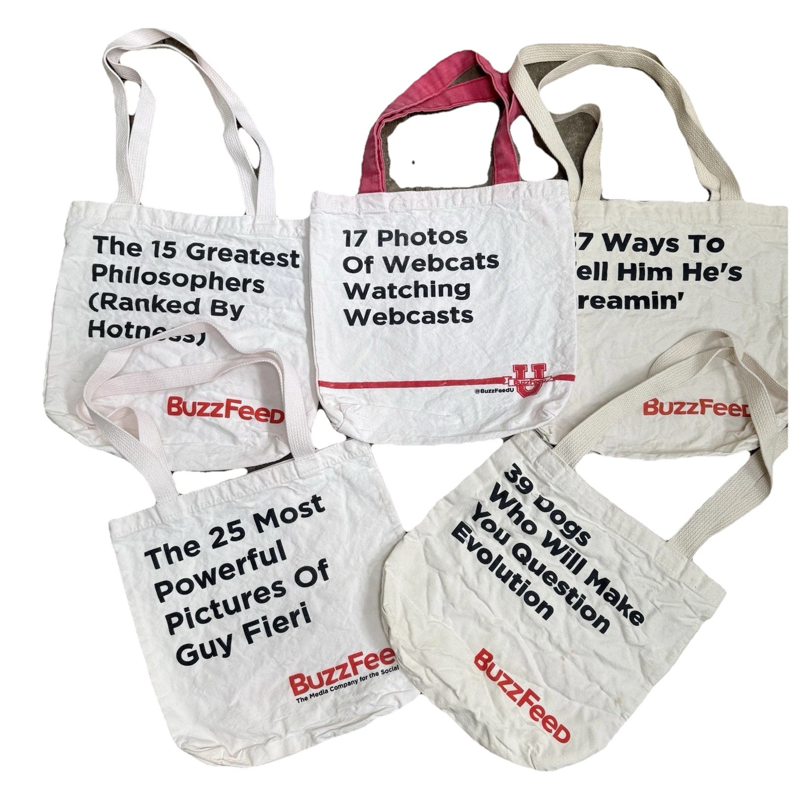 5 BuzzFeed Branded Canvas Shopping Meme Totes Lot Discontinued Buzz Feed 12×13