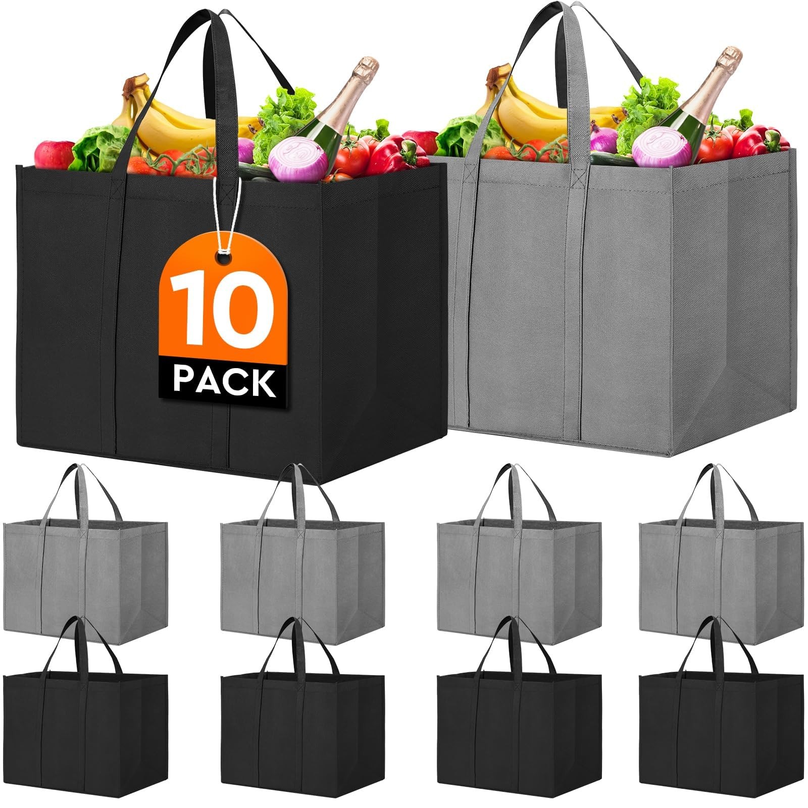 WISELIFE Reusable Grocery Shopping Bags 10 Pack Large Foldable Tote Bags Bulk, E