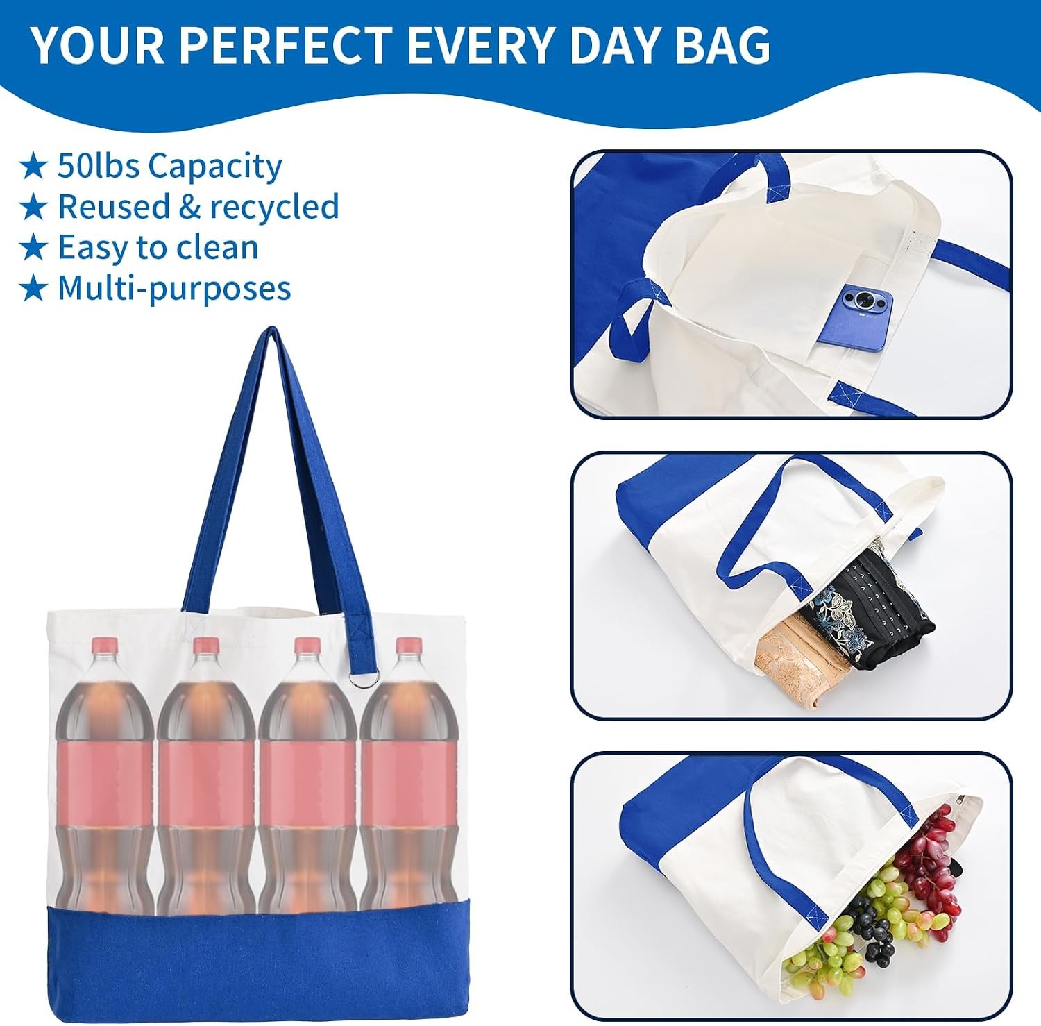 1 Pack Canvas Tote Bag with Zipper, Blank Reusable Grocery Bags, Widened Washabl