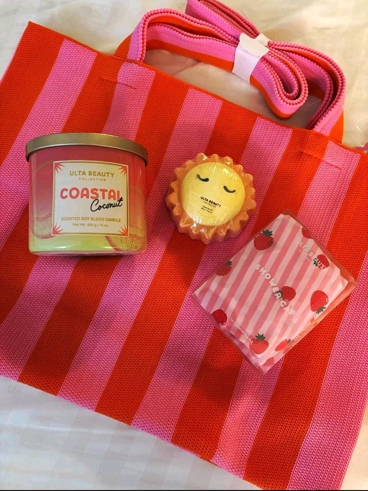 ULTA Beauty Collection Reusable Pink Orange Striped Polyester Tote Bag Medium