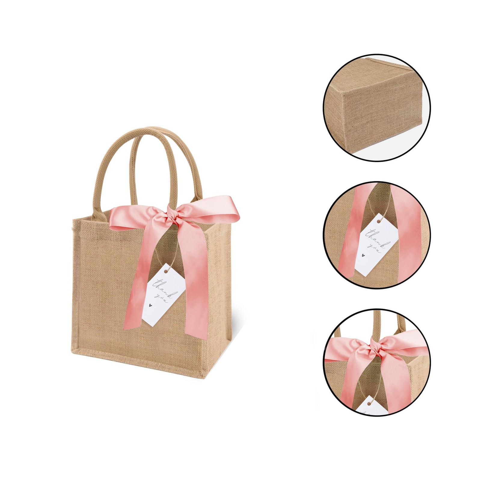Burlap Tote Bags 6 Pack Reusable Mini Jute Handle Pink Ribbon Wedding Favor
