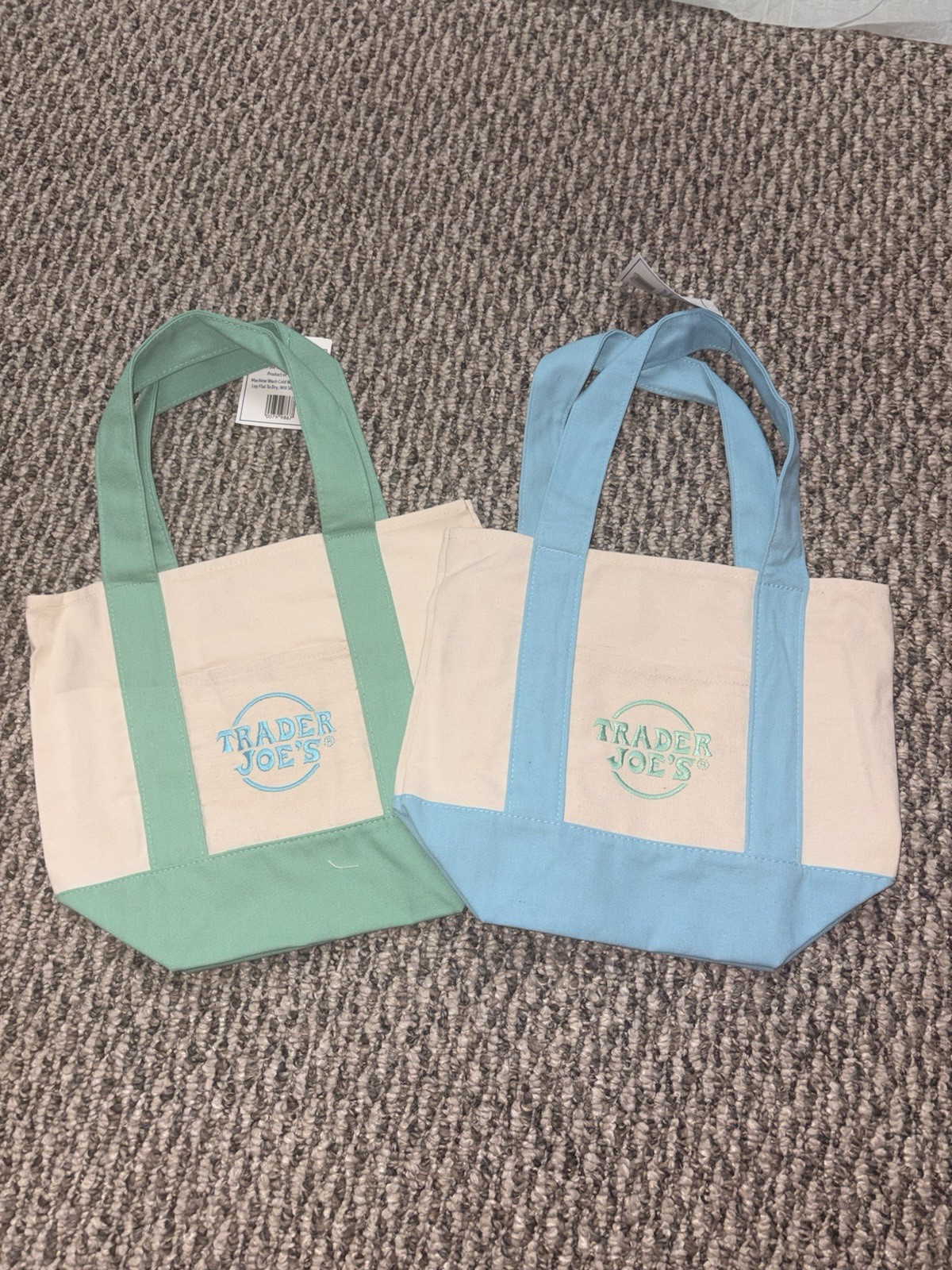 Trader Joe’s Mini Canvas Tote Bags 2-Pack Beige Green Blue Colorblock