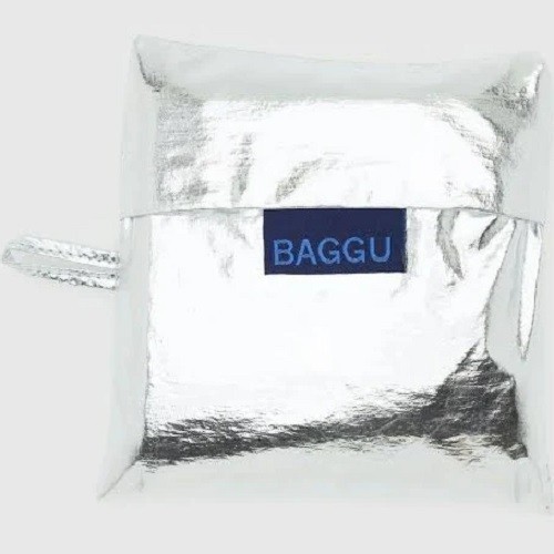 BAGGU Standard Reusable Foldable Shopping Bag Tote Metallic Silver and Blush