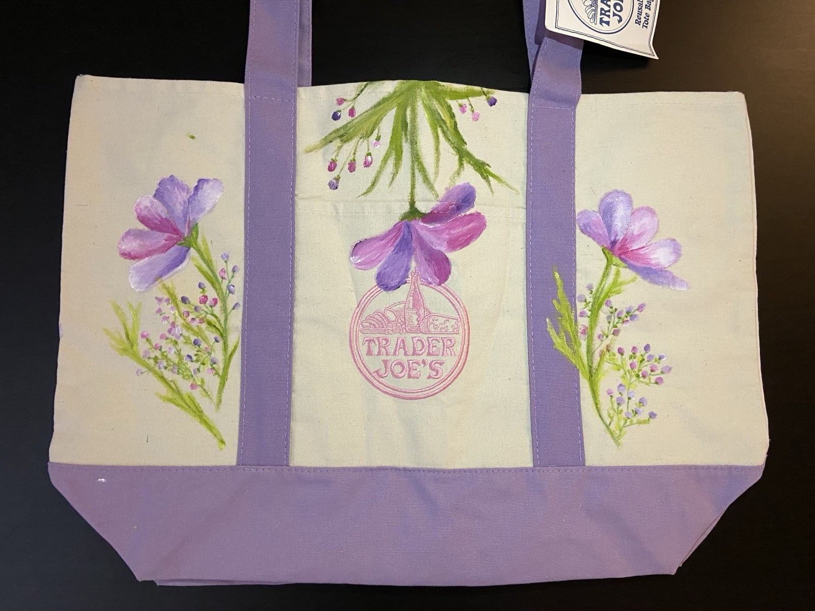 Trader Joe’s Canvas Tote Bag Floral Design Hand Painted LARGE Tote NEW!