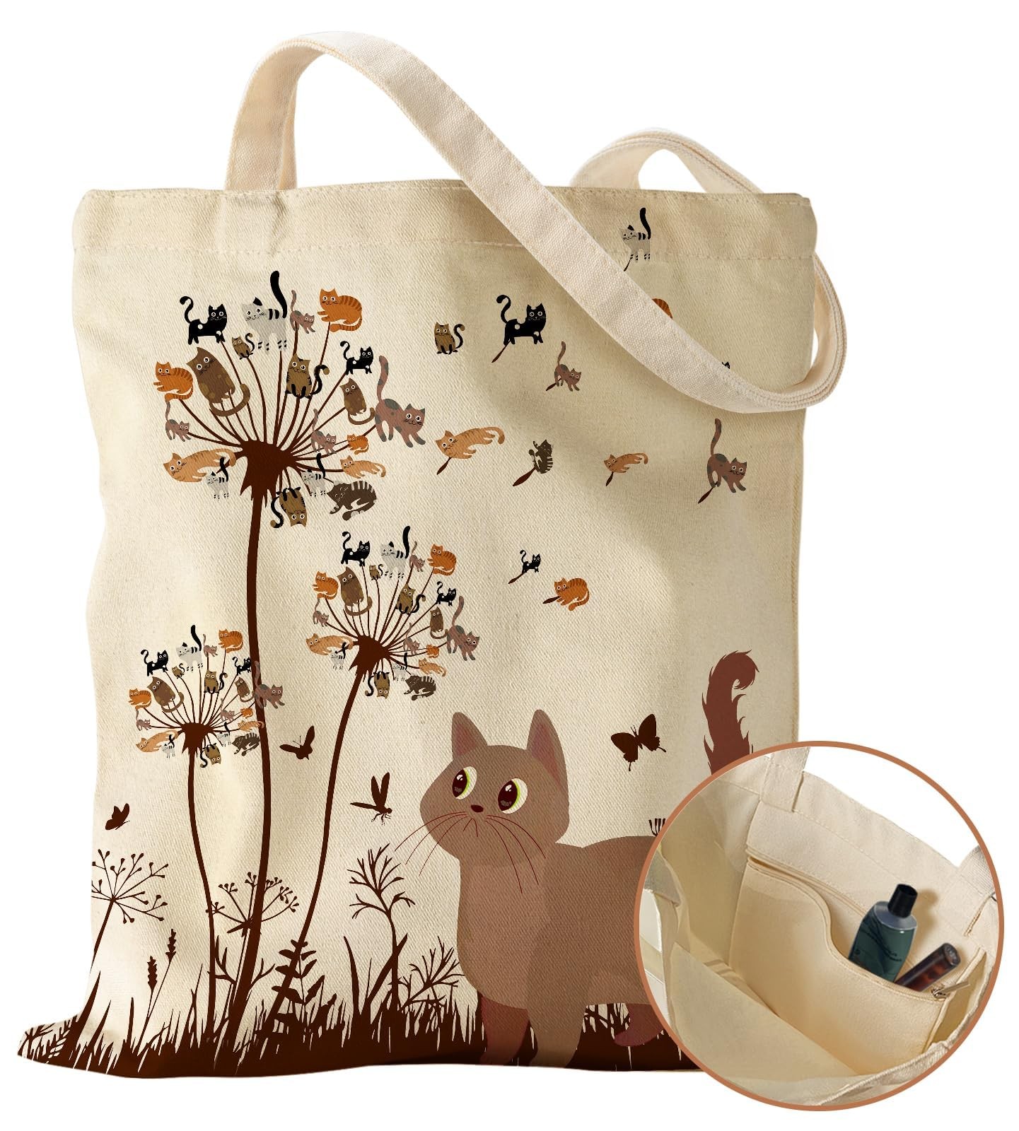 Miss Adola Aesthetic Canvas Tote Bag with Inner One Size, Cats Dandelion
