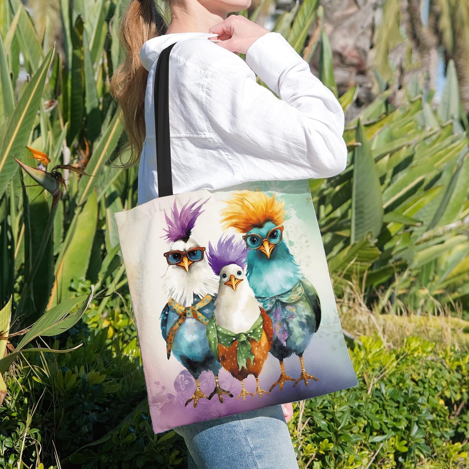 Funky Chicken Canvas Tote Bag – Double-Sided Printed Colorful Shoulder Bag wi…