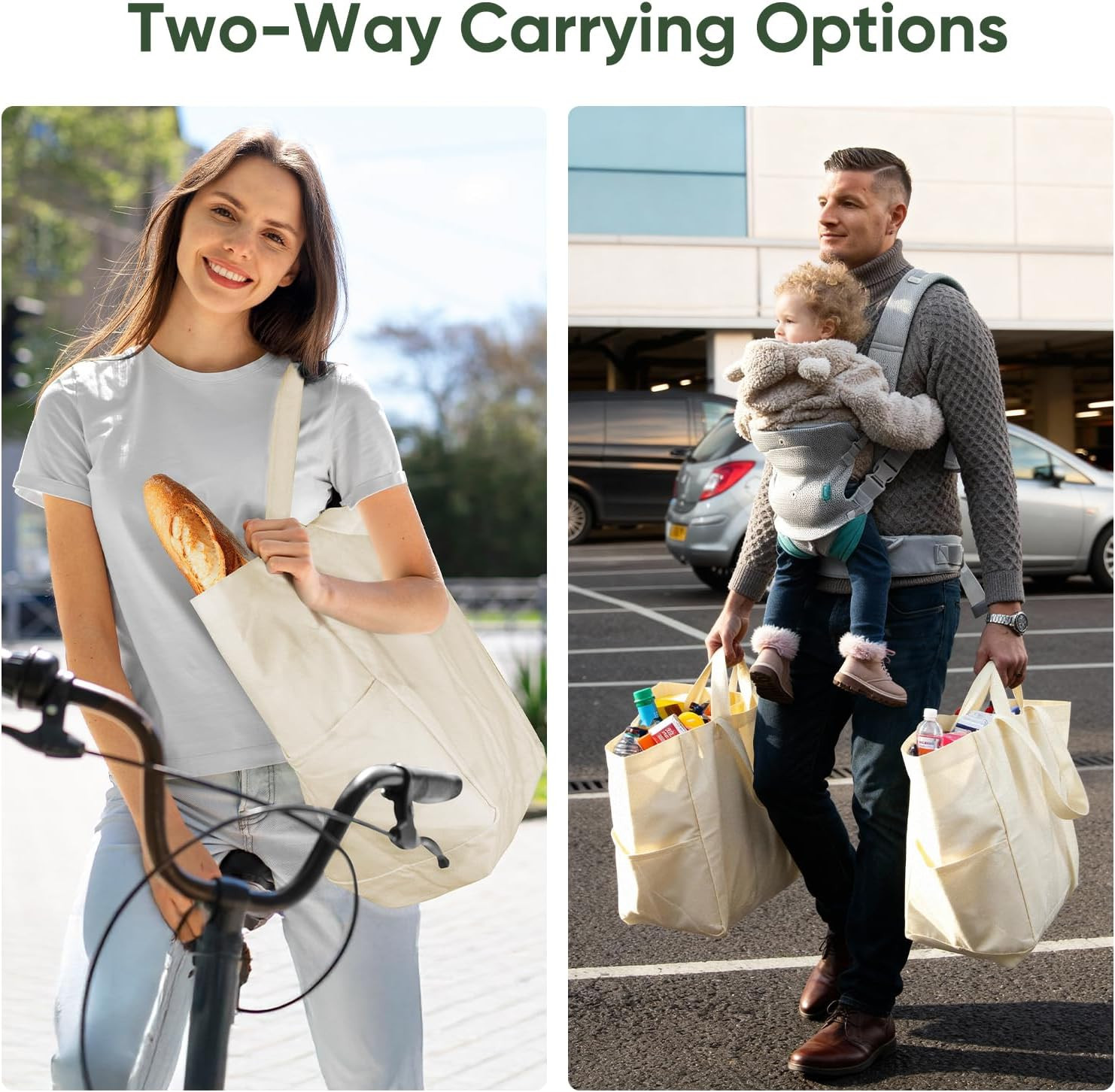 Canvas Tote Bag, Heavy Duty Reusable Grocery Bags with Pockets, Large Shopping B