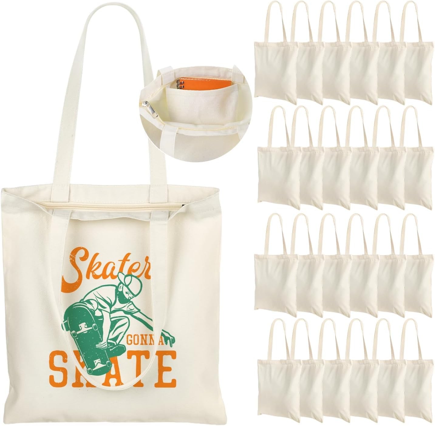 Canvas Tote Bag Bulk W/ Zipper & Pocket 24 Pack 13×15 Inches Blank Canvas Bags