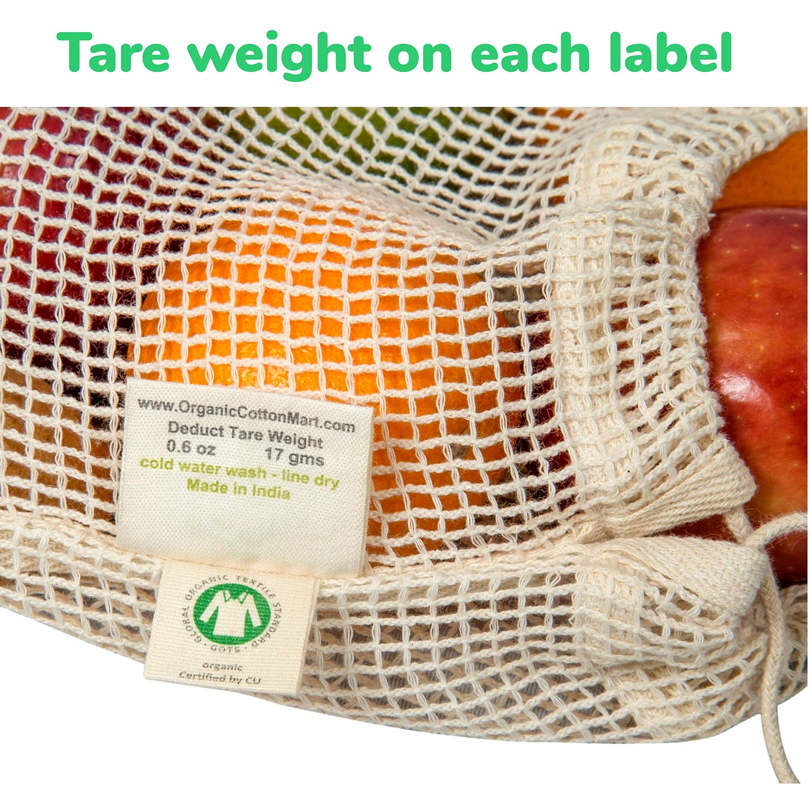 Reusable Cotton Mesh Produce Bags – 100% 2 Large, 2 Medium, 2 Small, White
