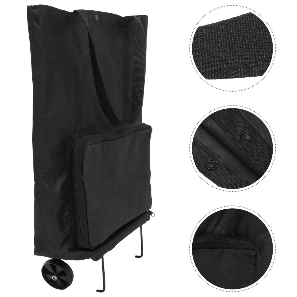 Portable Folding Shopping Bag with Wheels Lightweight Black Oxford Fabric Tote