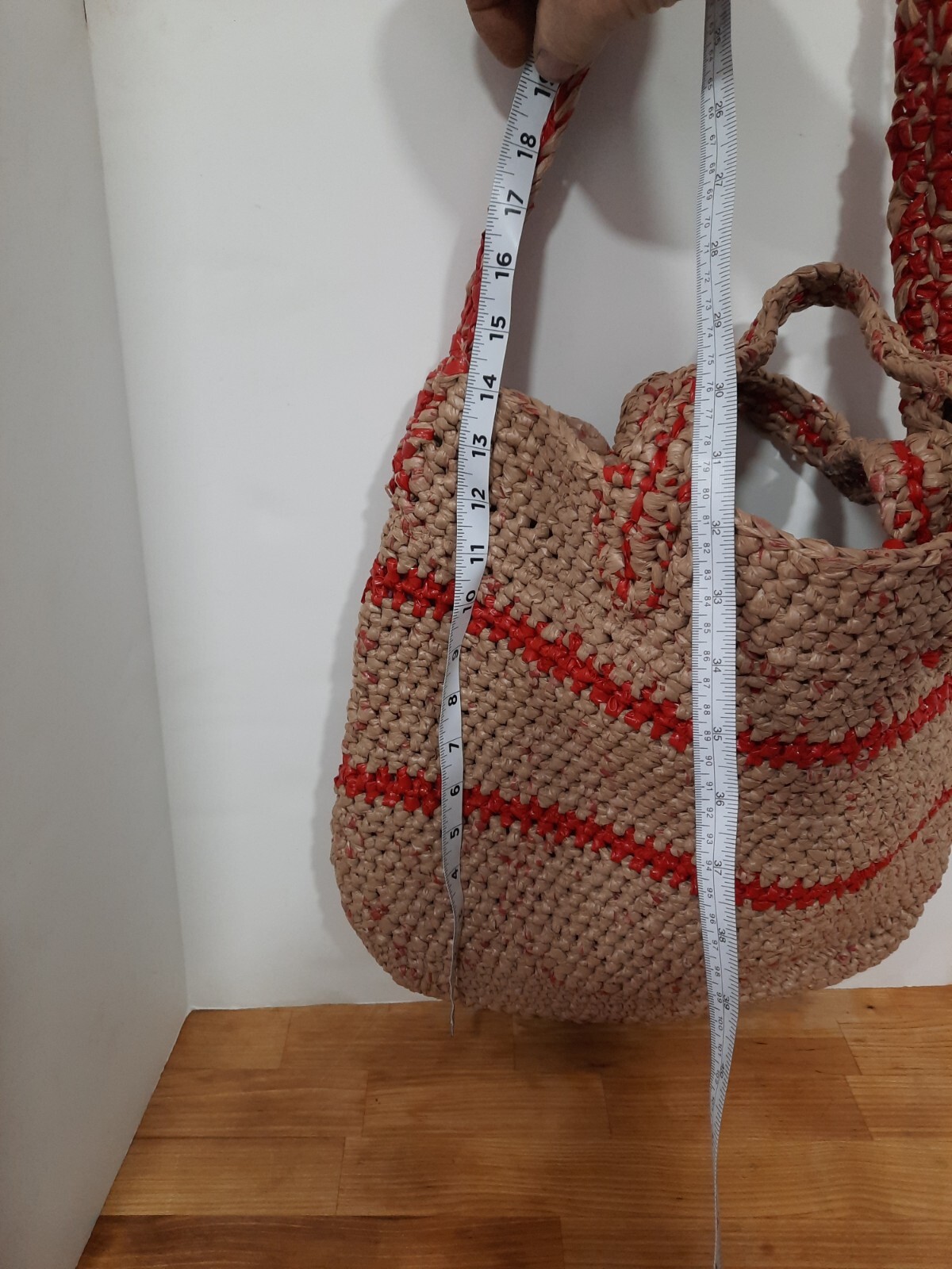 Large Lined Hand Tote Bag Brown & Red Made From Plastic Shopping Bags