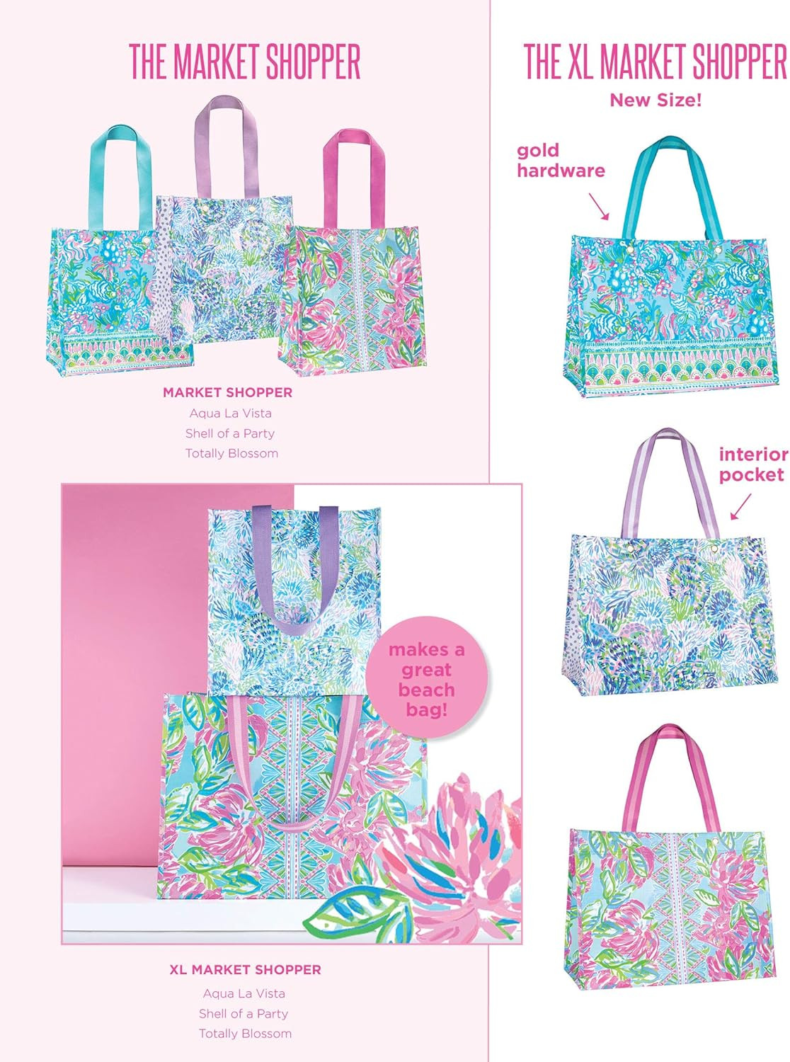 Lilly Pulitzer Pink/Green Market Shopper Bag, Reusable Grocery Tote with Comfort