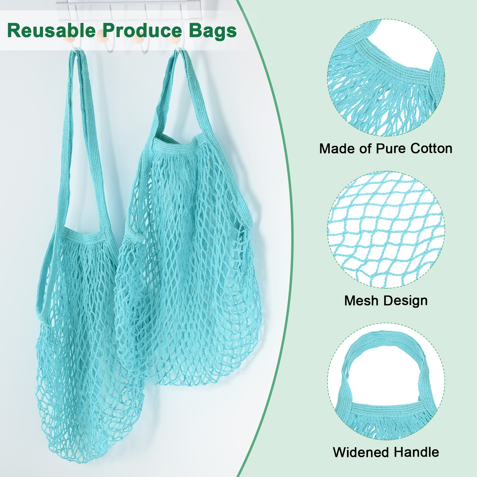2-Pack Reusable Mesh Net String Grocery Bags [Blue-Green,Long&Short Handle]