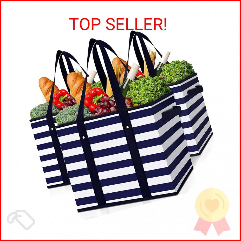 WISELIFE 3 Pack Reusable Grocery Bags Large Water Resistant Grocery Collapsible