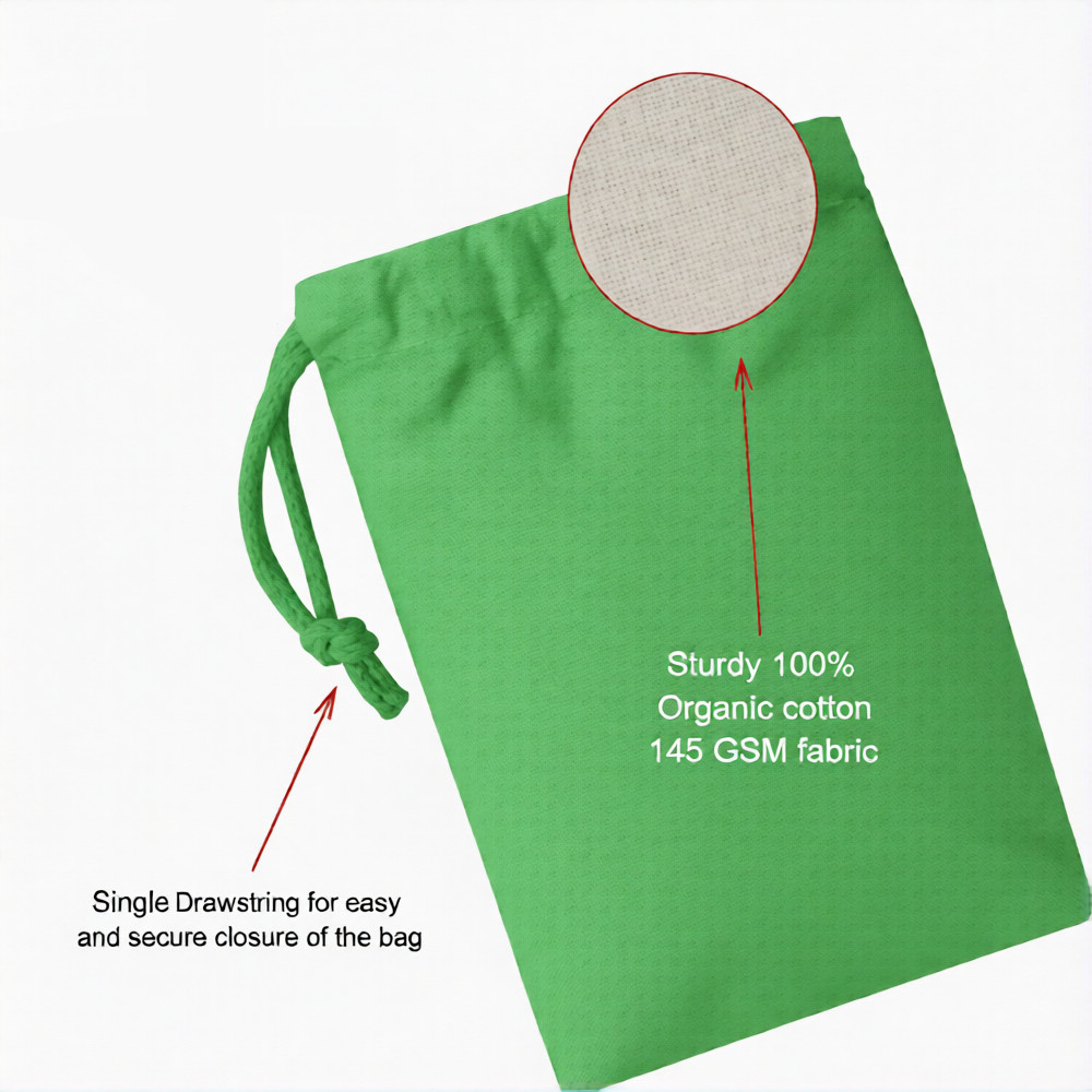 CharkaBags – 8 x 12 Inches Green Single Drawstring Reusable Washable Muslin Bags