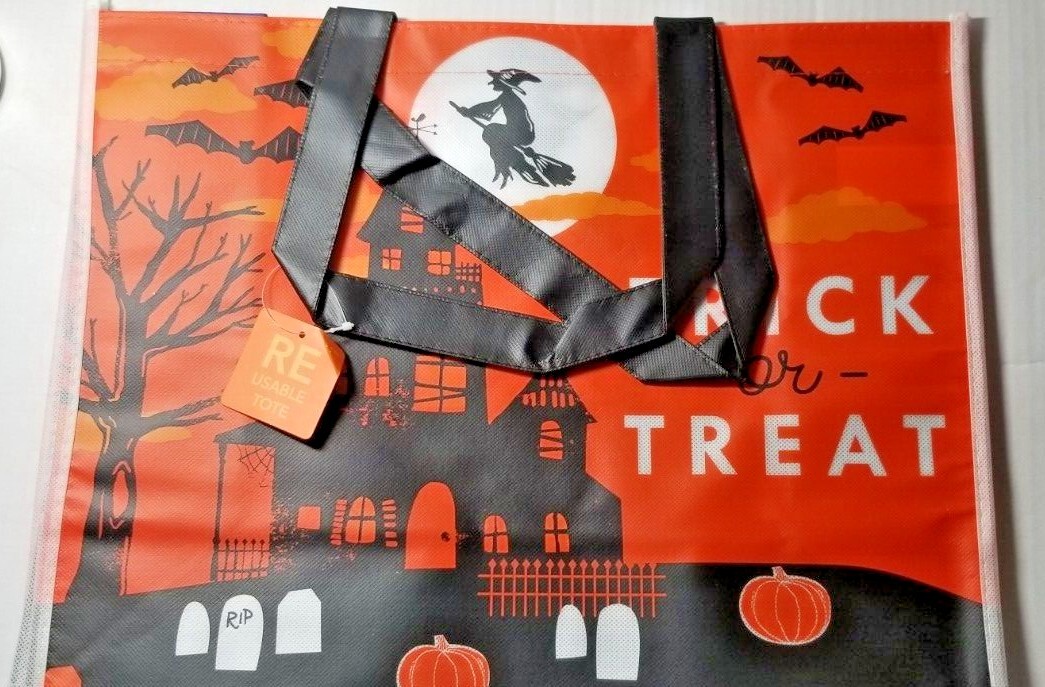 Halloween Trick or Treat Reusable Tote Bag 17″ X 13″ X 6.5″ Orange Black Large