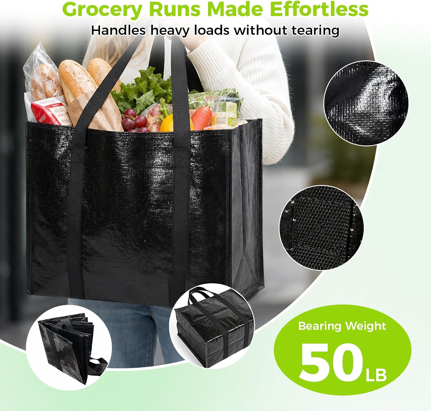 Heavy Duty Reusable Grocery Bags – 4 Pack, Waterproof, Large Capacity 33L
