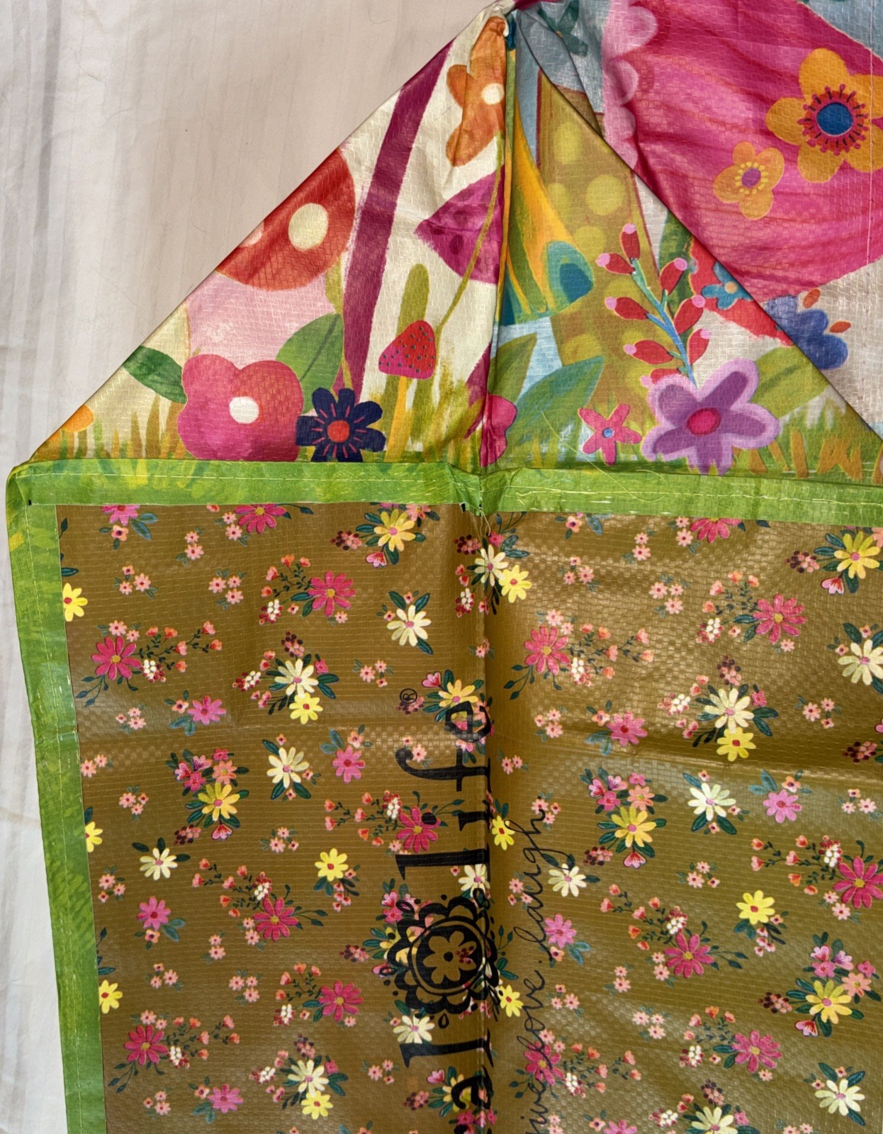 NATURAL LIFE Mushrooms Flowers Colors Boho XL Reusable Tote Bag Live Happy NWT