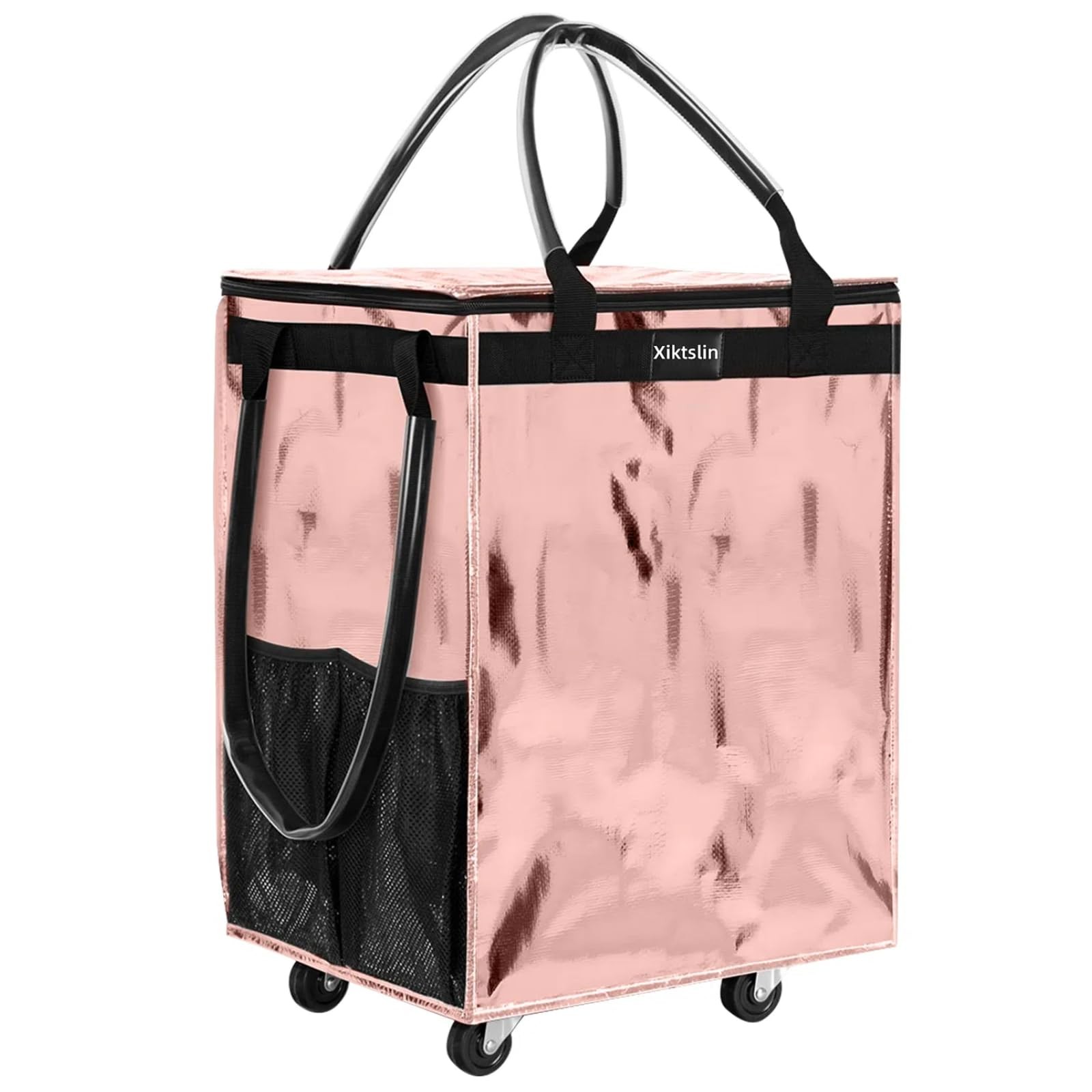 (Medium, Rose Gold) Reusable Grocery Bag on Wheels, Foldable Rolling Tote Carrie