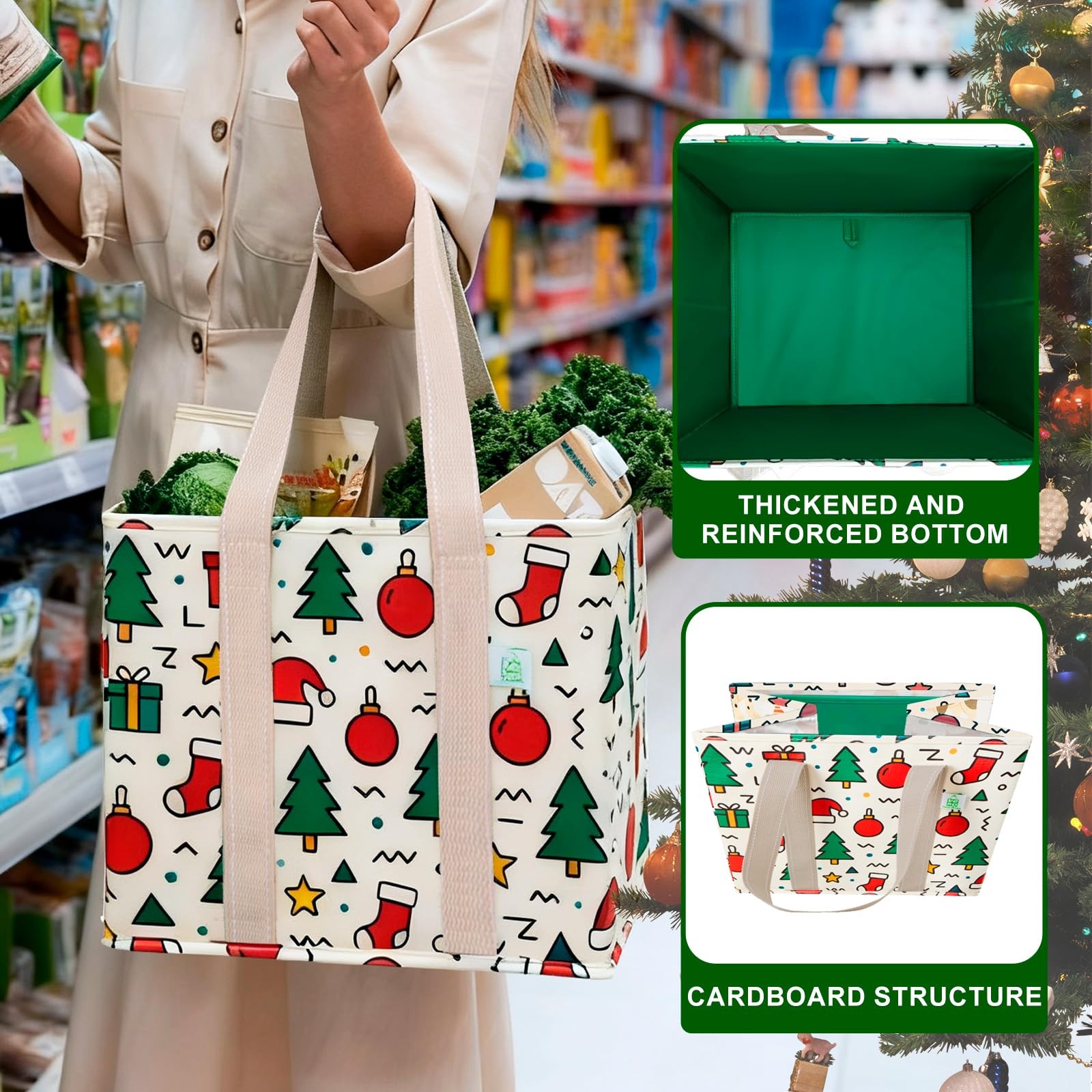 Christmas Reusable Grocery Heavy Duty Tote Shopping Bags Jingle Mix 3 PCS