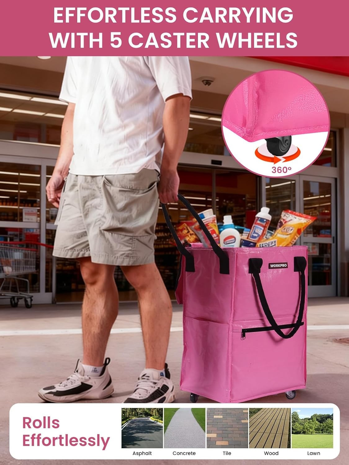 WORKPRO Large Rolling Grocery Bag 36 Gallon Tote 5 Wheels Dual Carry Storage Bag