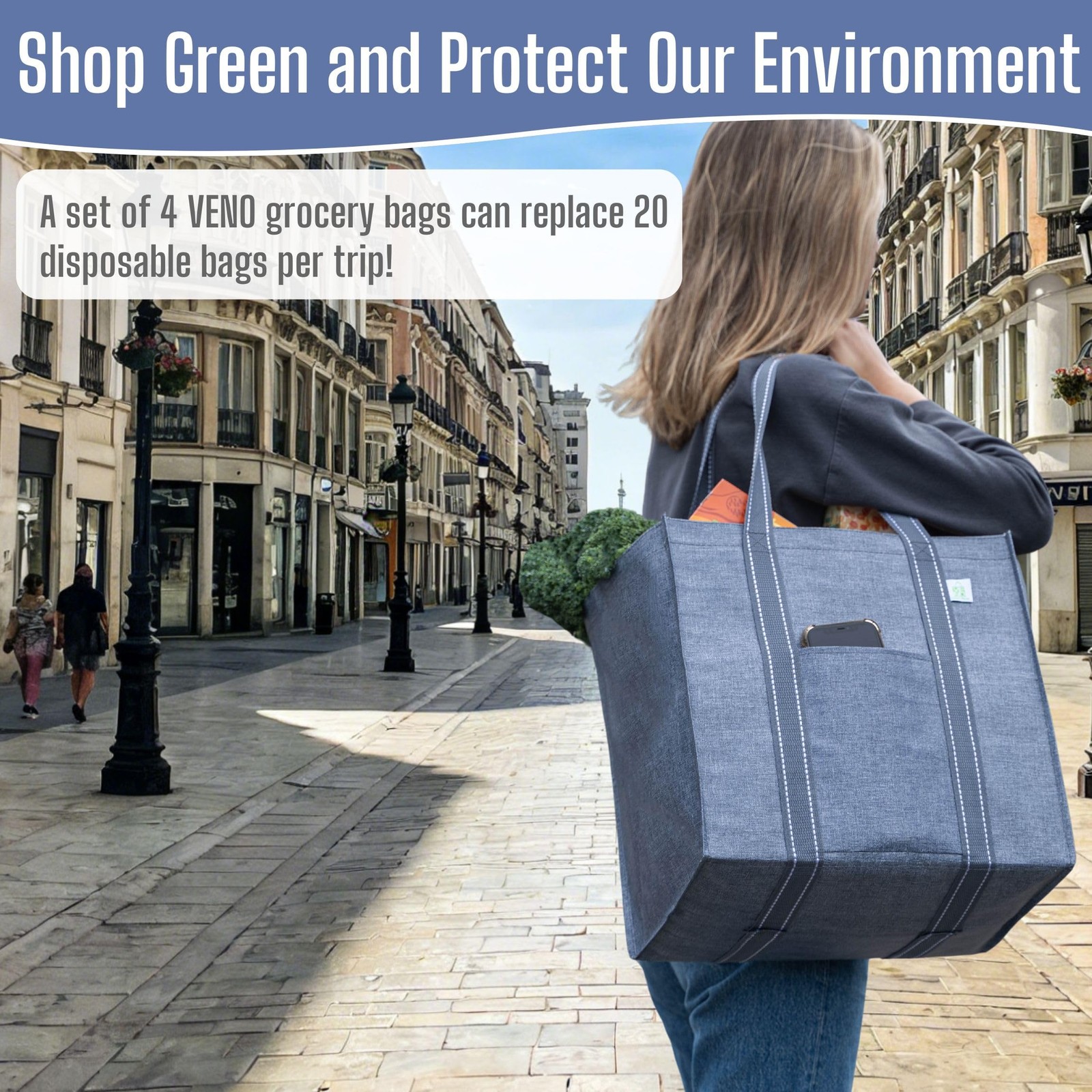 VENO 4 Pack Reusable Grocery Bags, Heavy-Duty Shopping Bags with 4 Pack, Gray