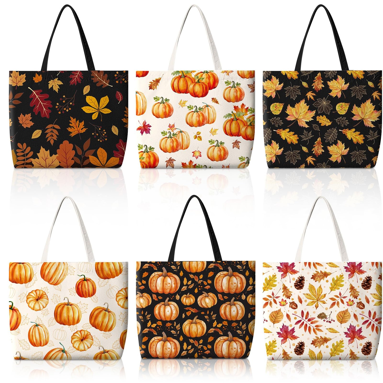 6 Pcs Thanksgiving Canvas Tote Bags Bulk Fall Pumpkin Maple Leaf Flowers Reus…