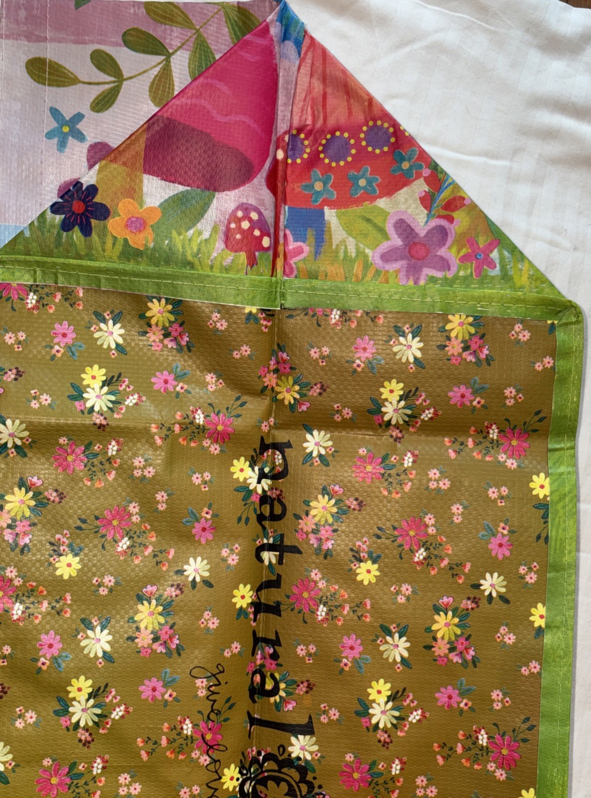 NATURAL LIFE Mushrooms Flowers Colors Boho XL Reusable Tote Bag Live Happy NWT