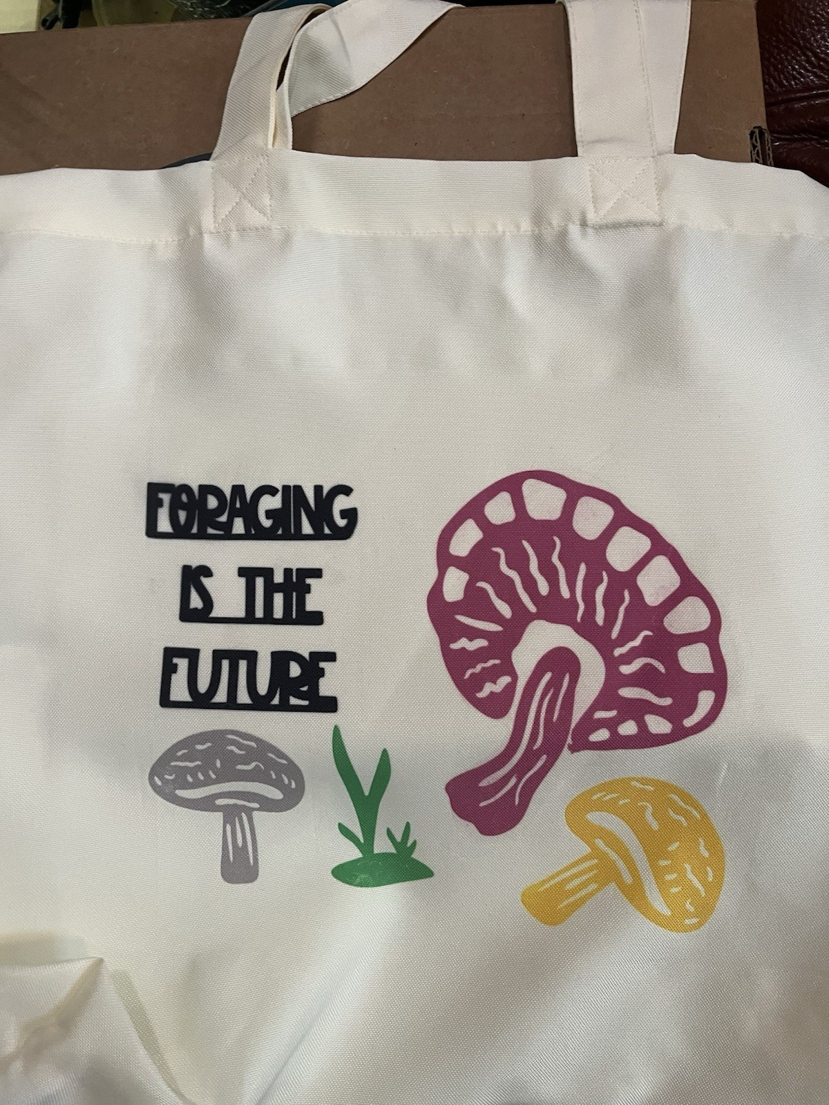 Handmade Polyester Tote Foraging Is The Future Mushroom Design Beige