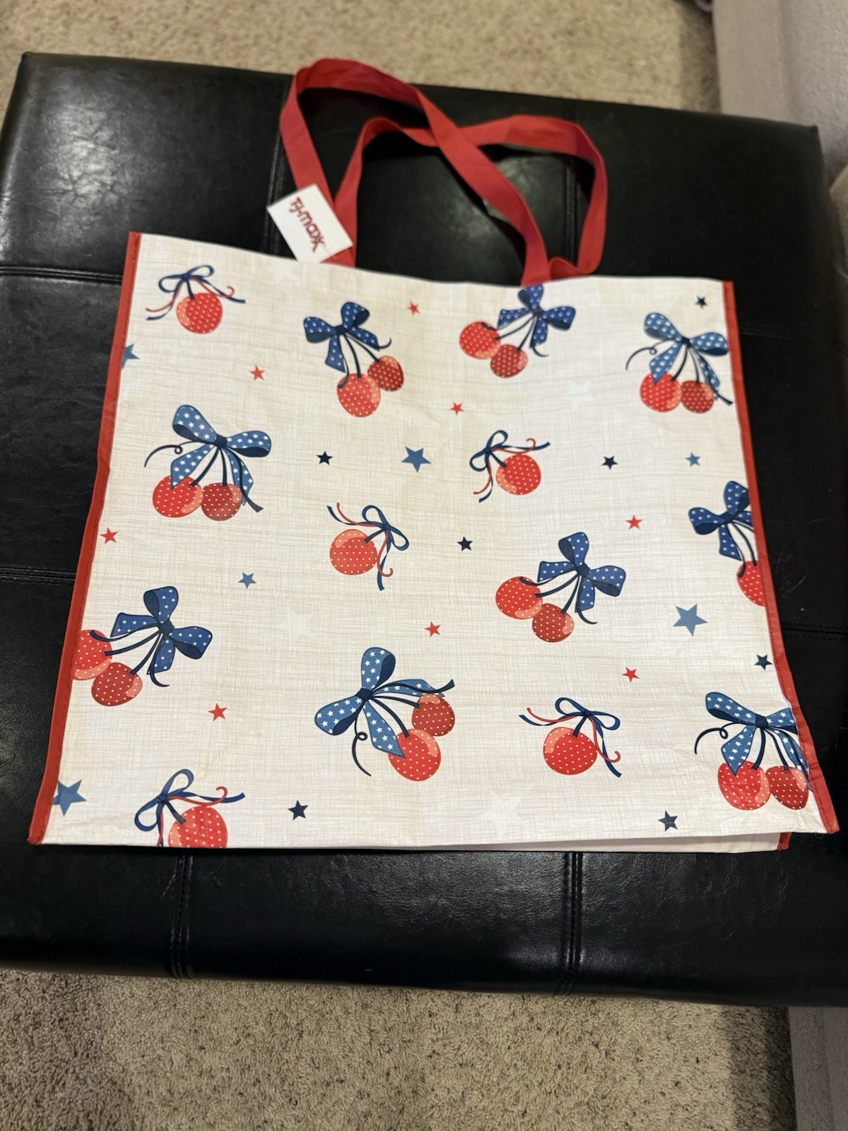 TJMaxx Cherries Bows Red White Blue Large Reusable Shopping Bag New