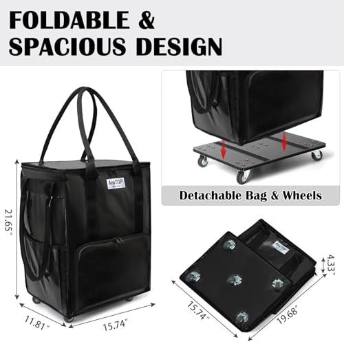 Reusable Grocery Bag on Wheels, 66LBS Foldable Shopping Cart with 5 Black