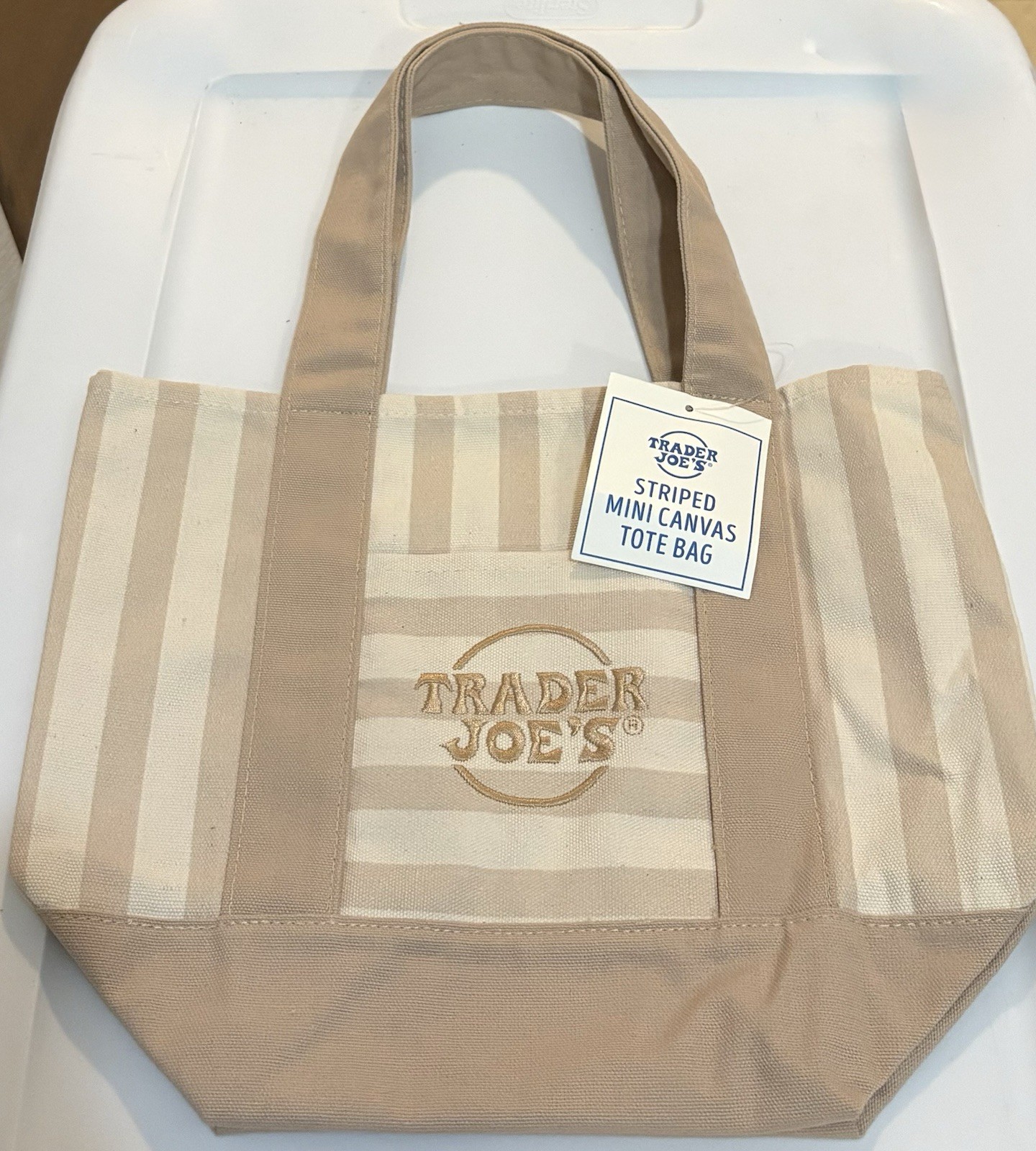 Trader Joe’s Mini Canvas Tote Bag Green Striped 13x6x10 in New
