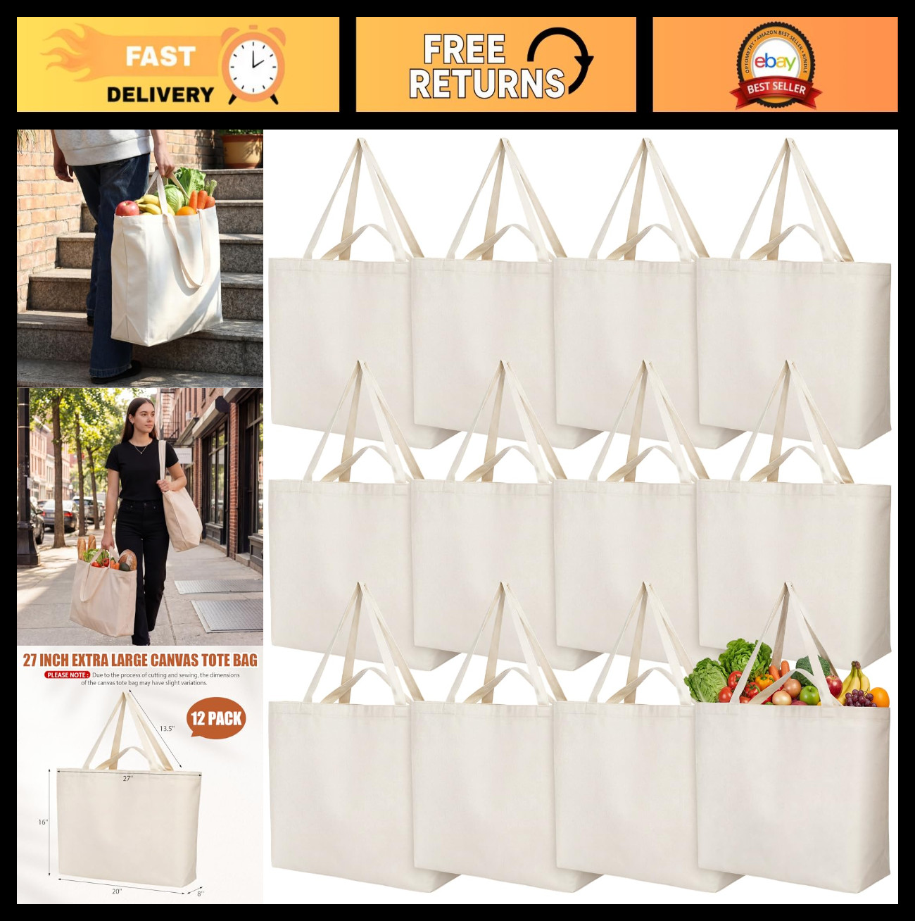 12 Pack Extra Large 27″ x 16″ Canvas Shopping Bags – Heavy Duty Reusable Tote Ba