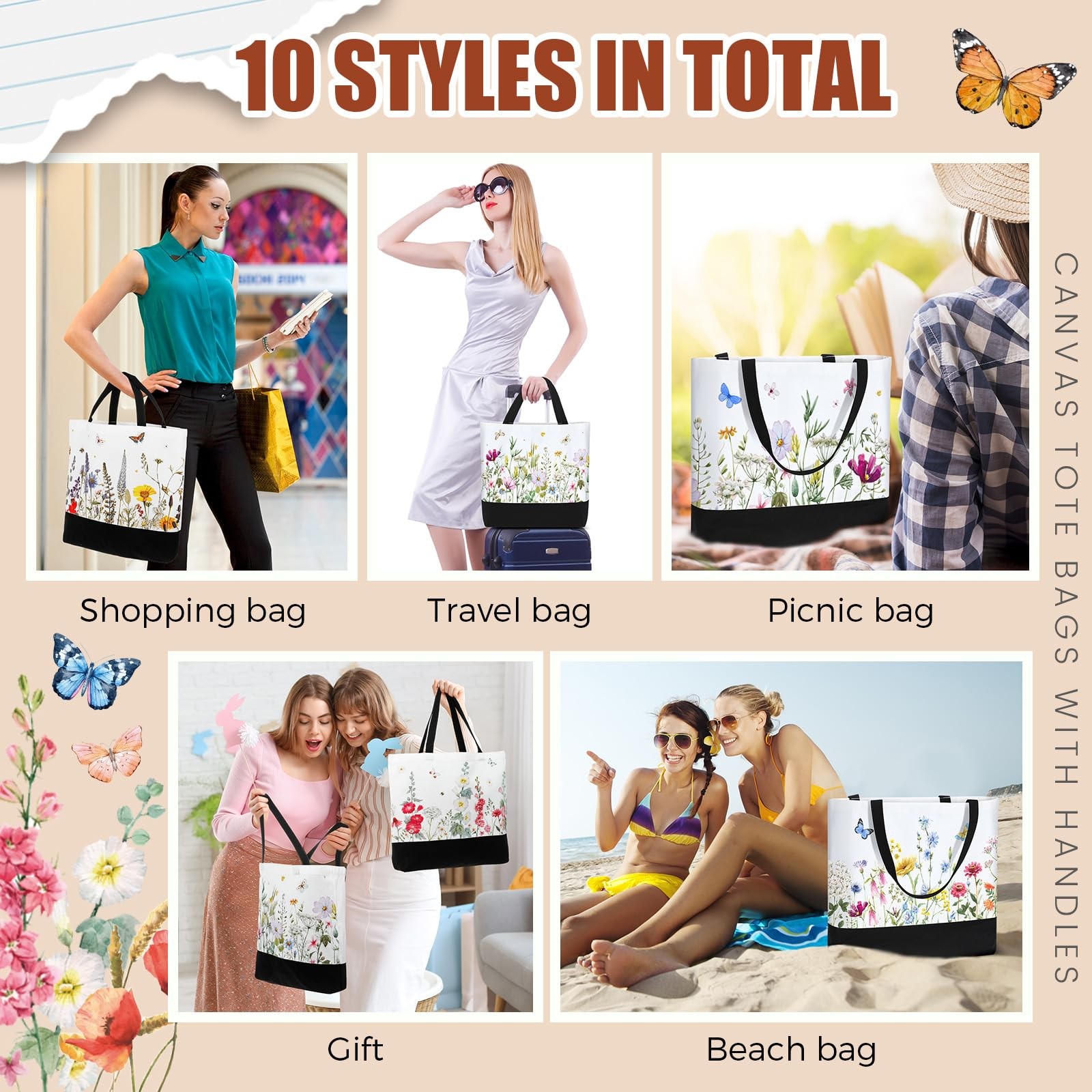 10 Pcs Wildflower Canvas Tote Bag Bulk Large Book Lovers Floral Gift Tote 18….