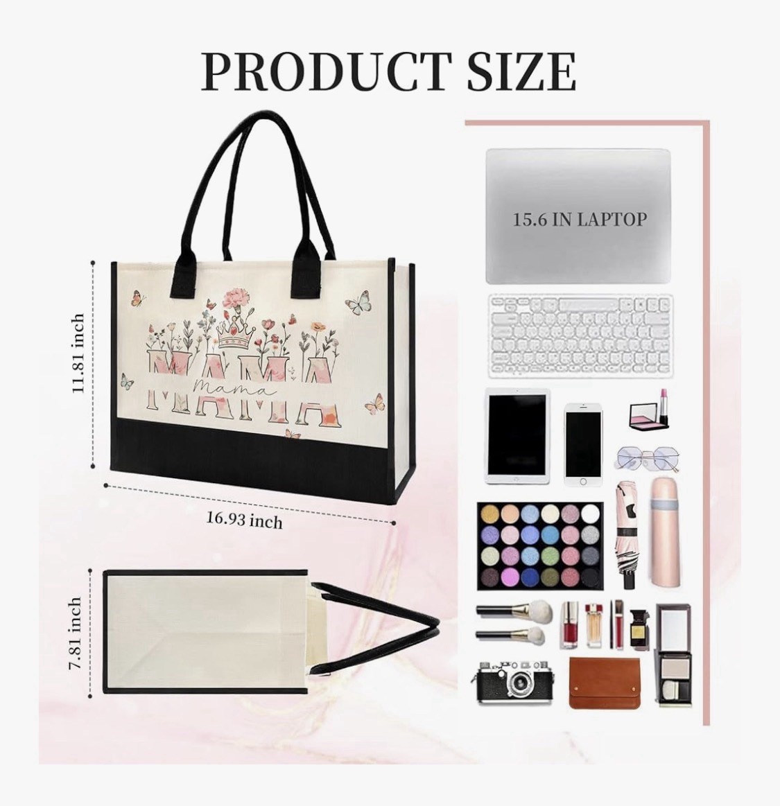 Canvas Tote Bag Moisture Resistant Floral Butterfly Mom Pattern 16.93×11.81in
