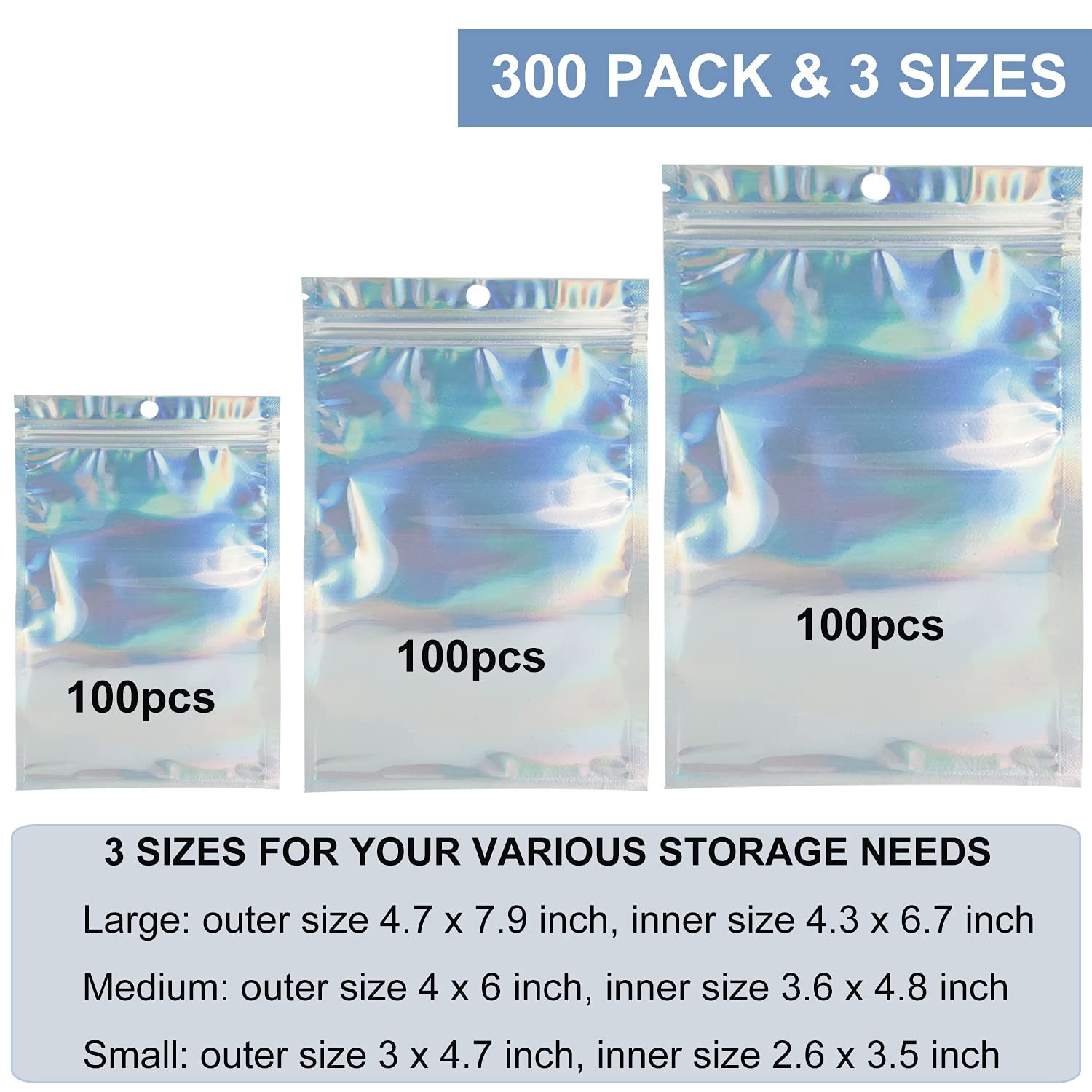 300 Pack 3 Sizes Resealable Mylar Bags Food Storage One Size, Holographic